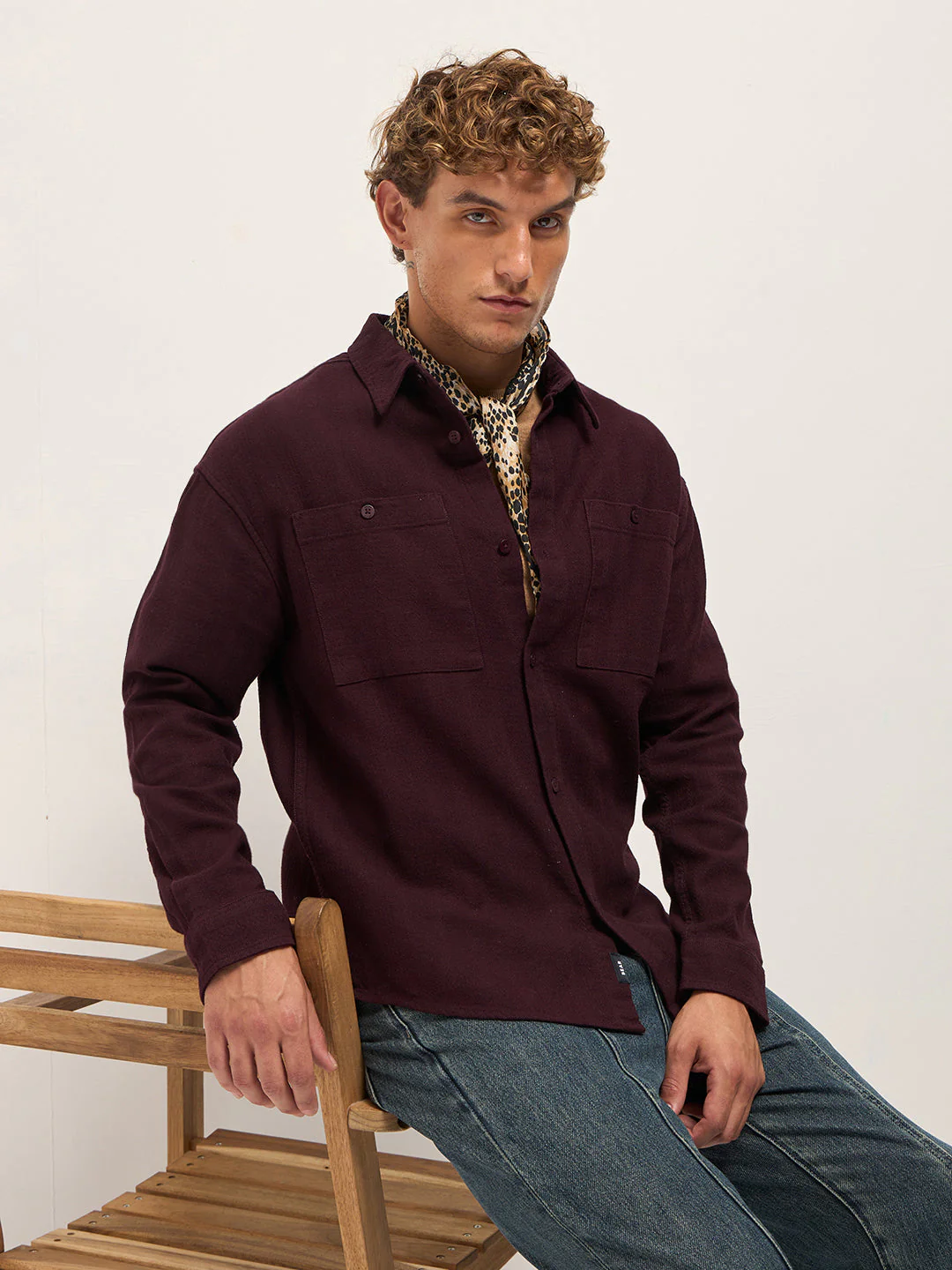 Men Maroon Texture Herringbone Design Relax Fit Overshirt
