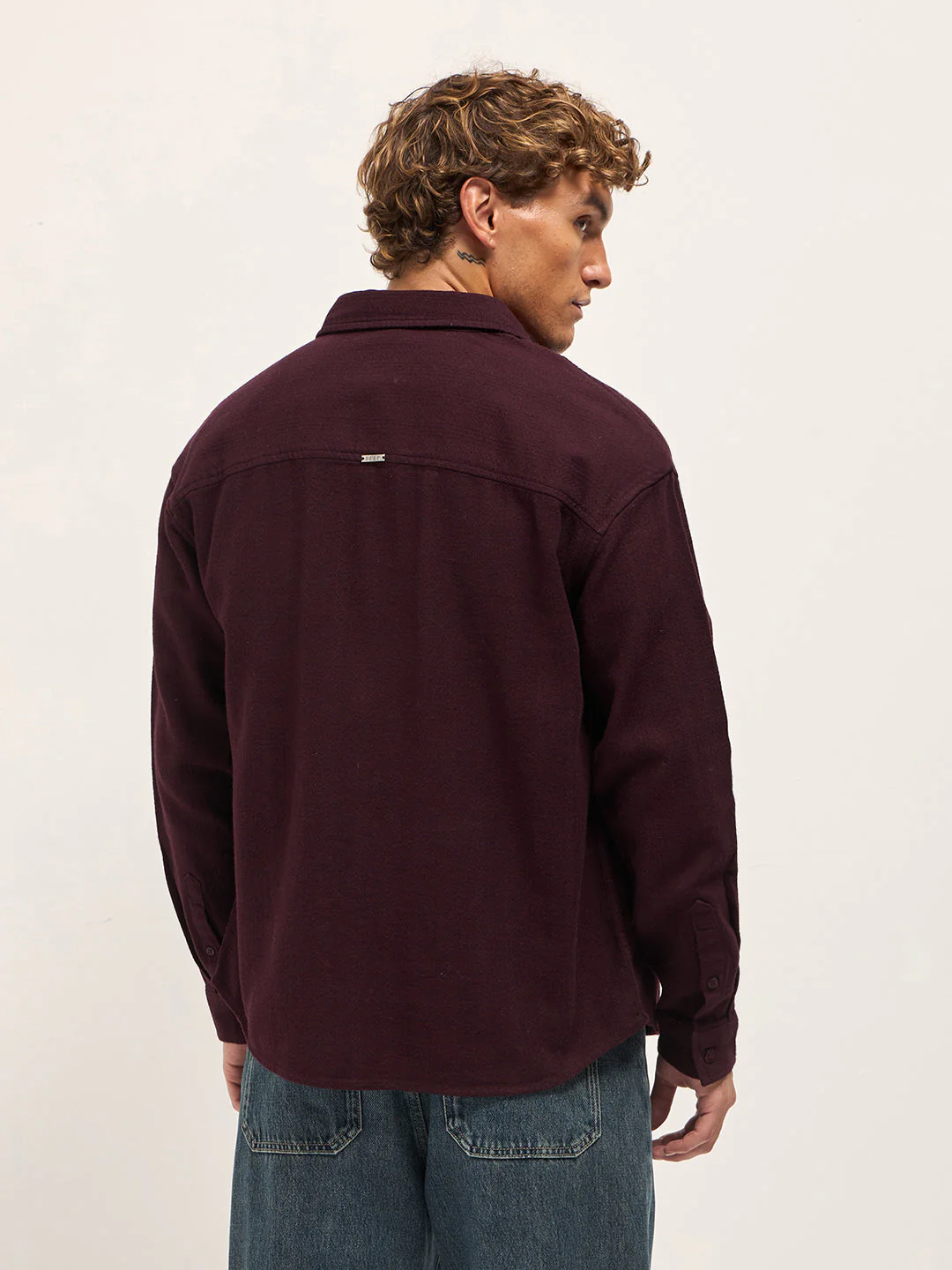 Men Maroon Texture Herringbone Design Relax Fit Overshirt - Image 2