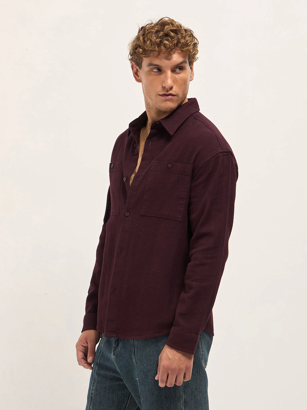 Men Maroon Texture Herringbone Design Relax Fit Overshirt - Image 3