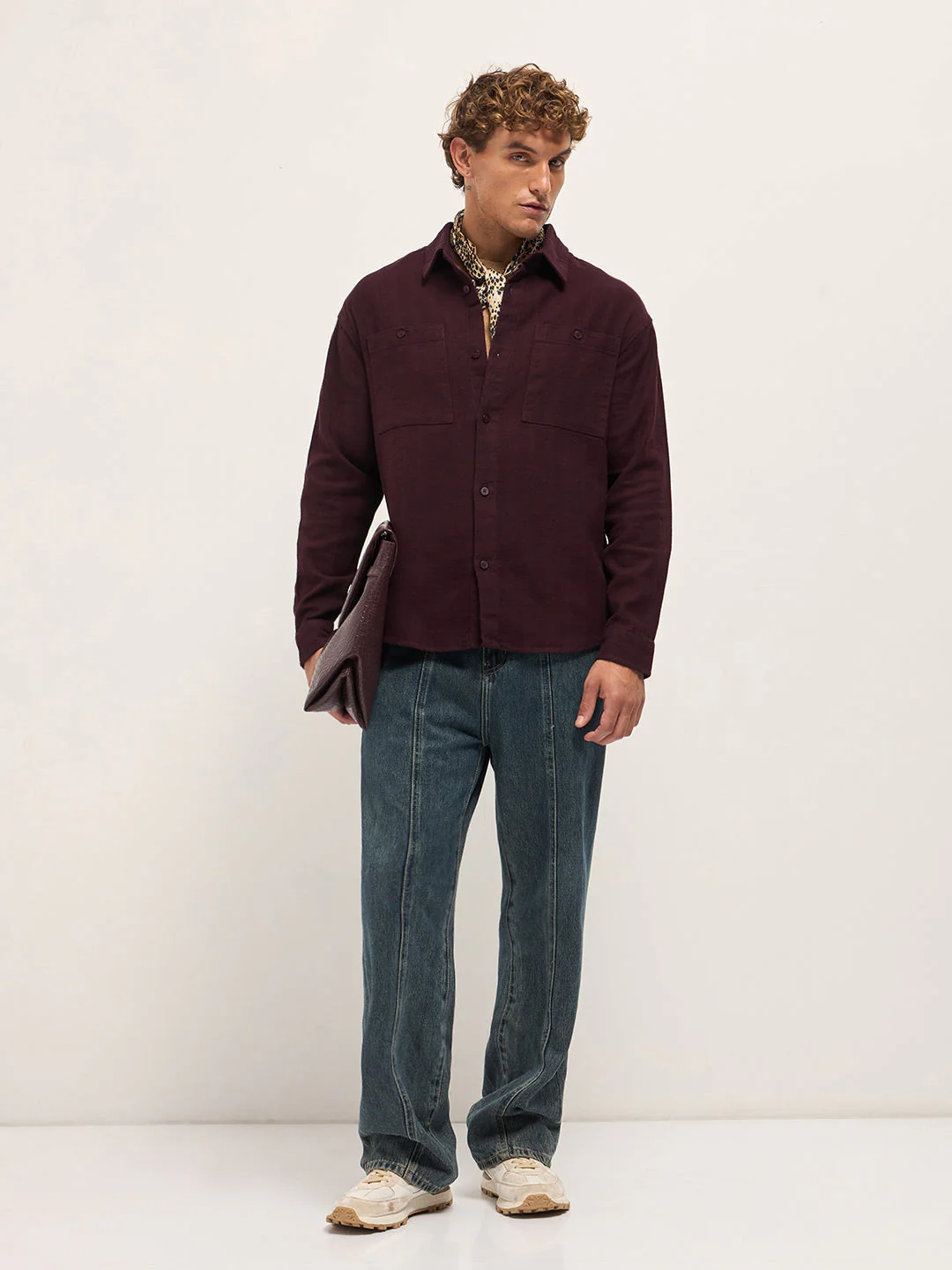 Men Maroon Texture Herringbone Design Relax Fit Overshirt - Image 4