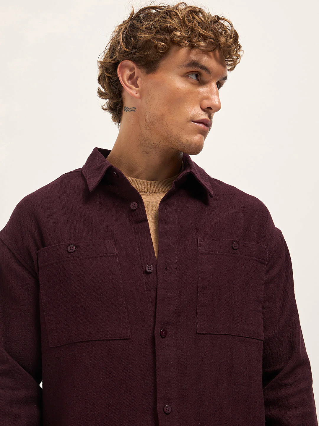 Men Maroon Texture Herringbone Design Relax Fit Overshirt - Image 5