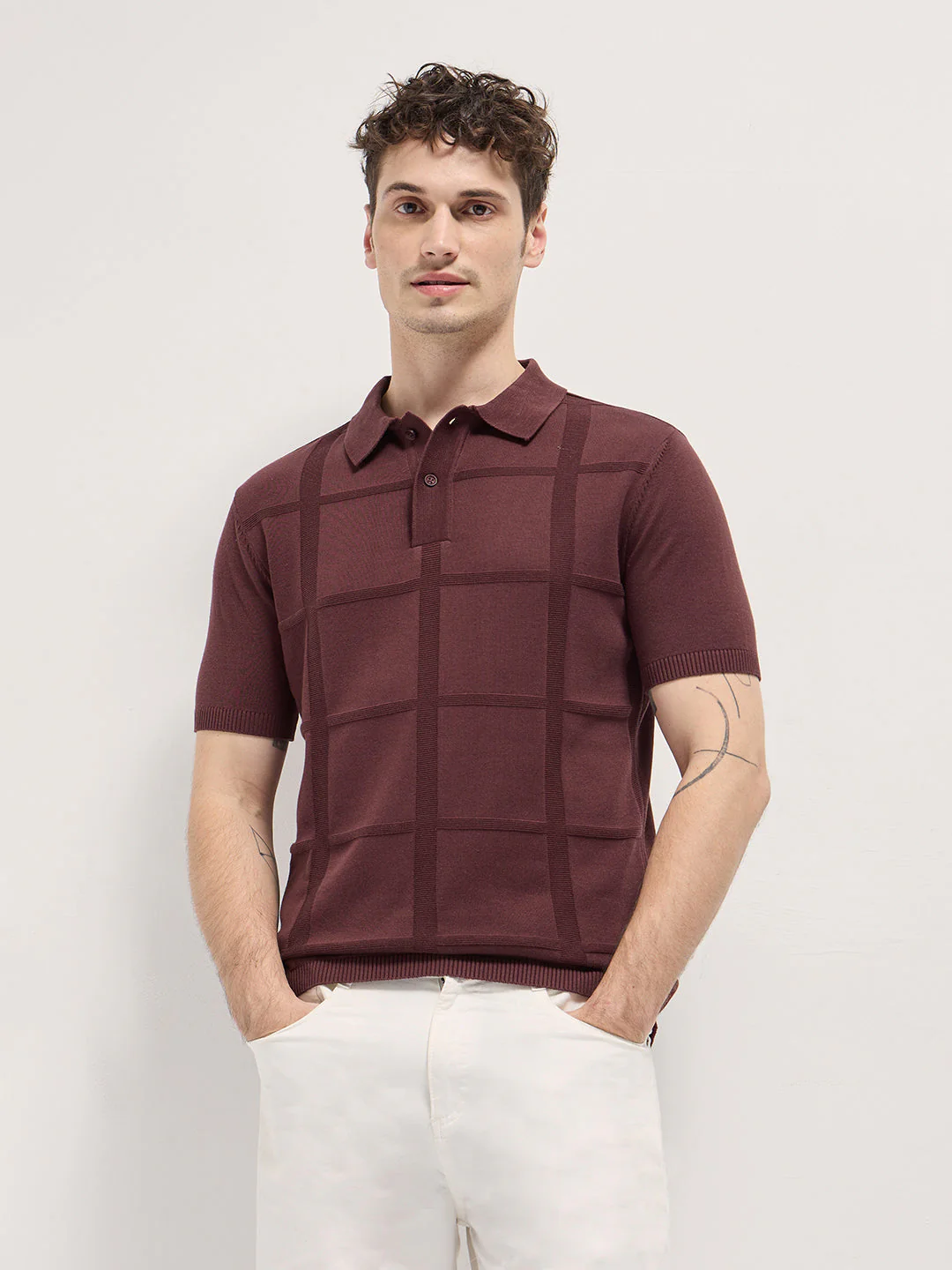 Men Maroon Textured Checkered Design Slim Fit Polo