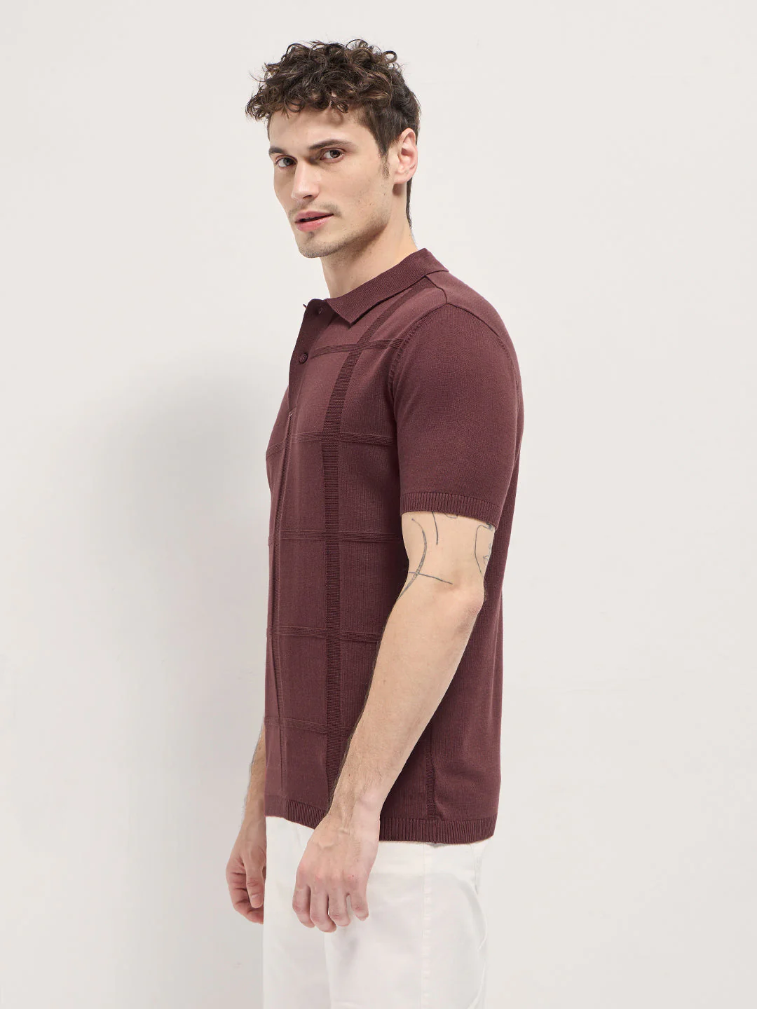 Men Maroon Textured Checkered Design Slim Fit Polo - Image 3