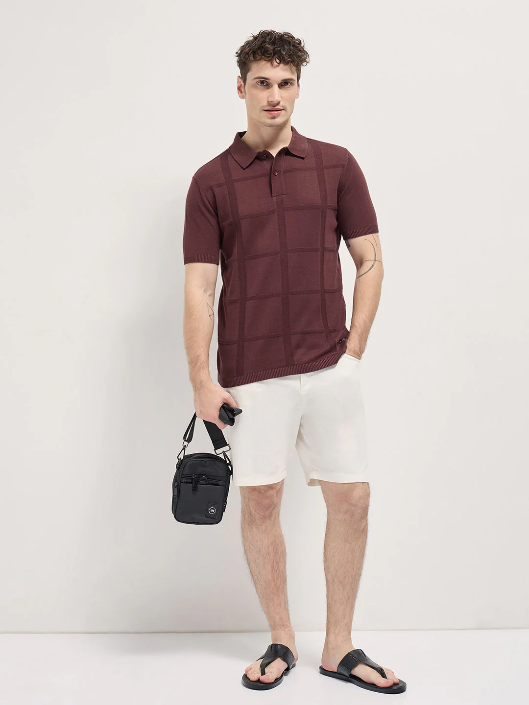 Men Maroon Textured Checkered Design Slim Fit Polo - Image 4