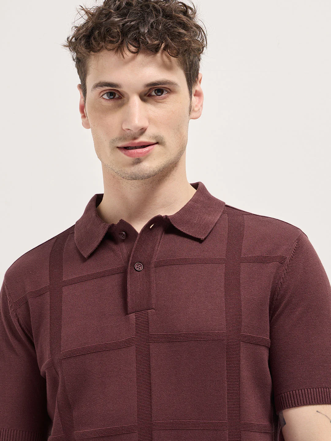 Men Maroon Textured Checkered Design Slim Fit Polo - Image 5