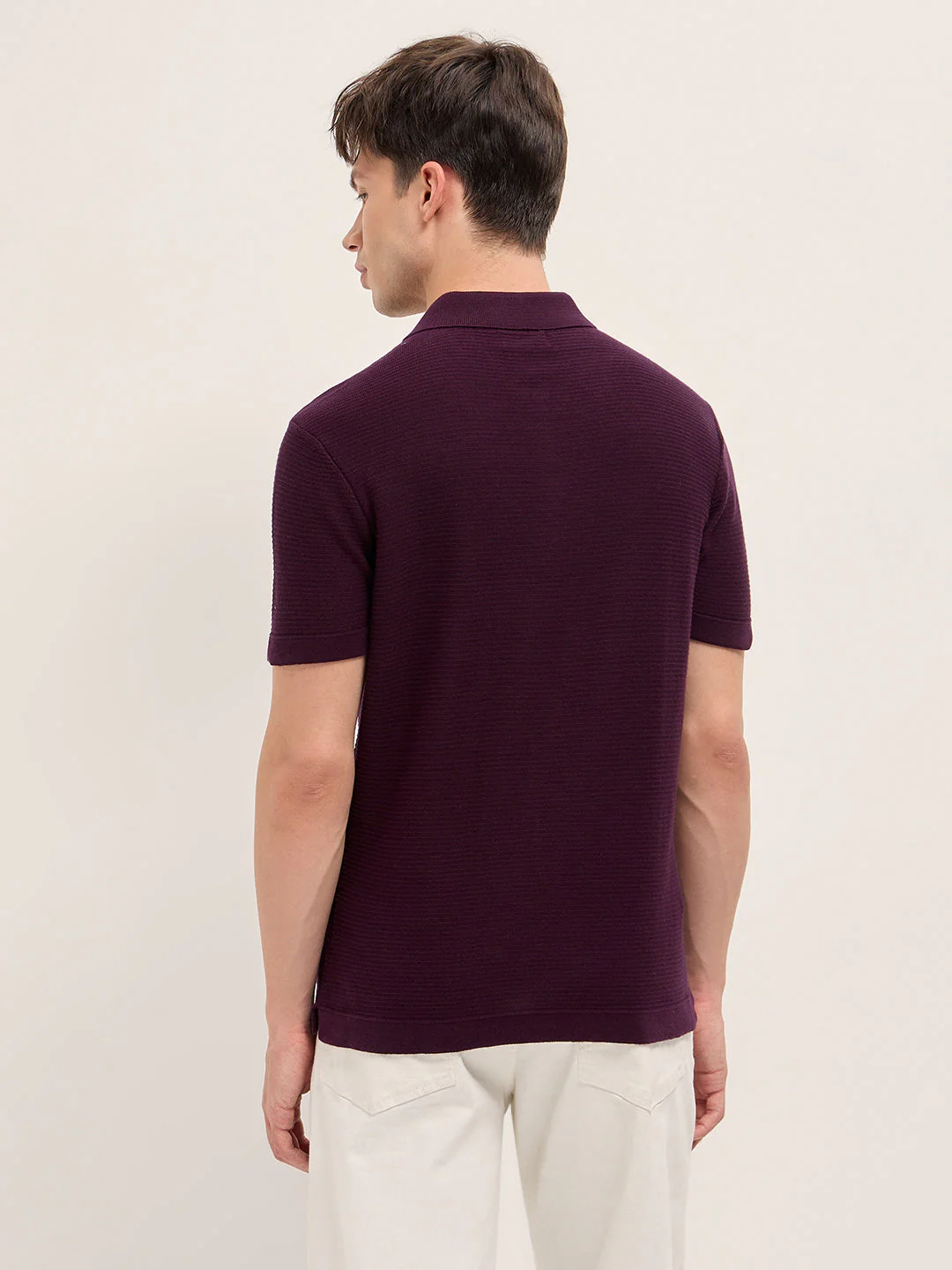 Men Maroon Textured Flat Knit Slim Fit Polo - Image 2