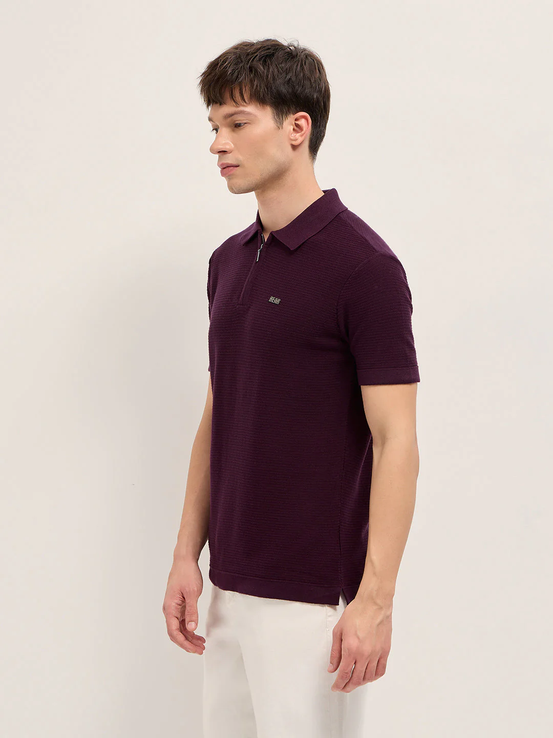 Men Maroon Textured Flat Knit Slim Fit Polo - Image 3