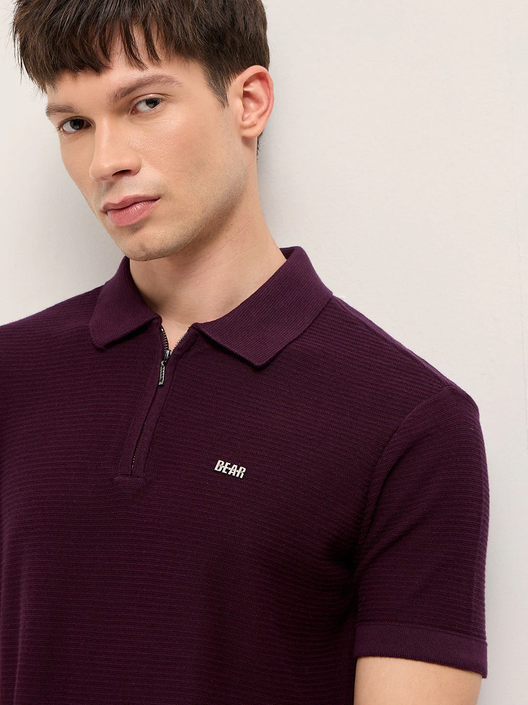 Men Maroon Textured Flat Knit Slim Fit Polo - Image 5