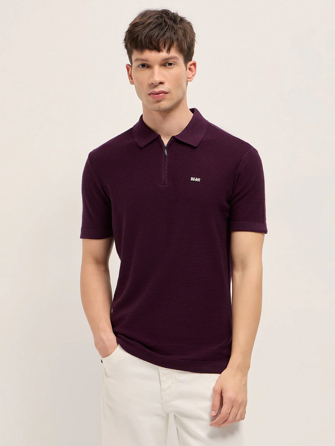 Men Maroon Textured Flat Knit Slim Fit Polo - Image 6