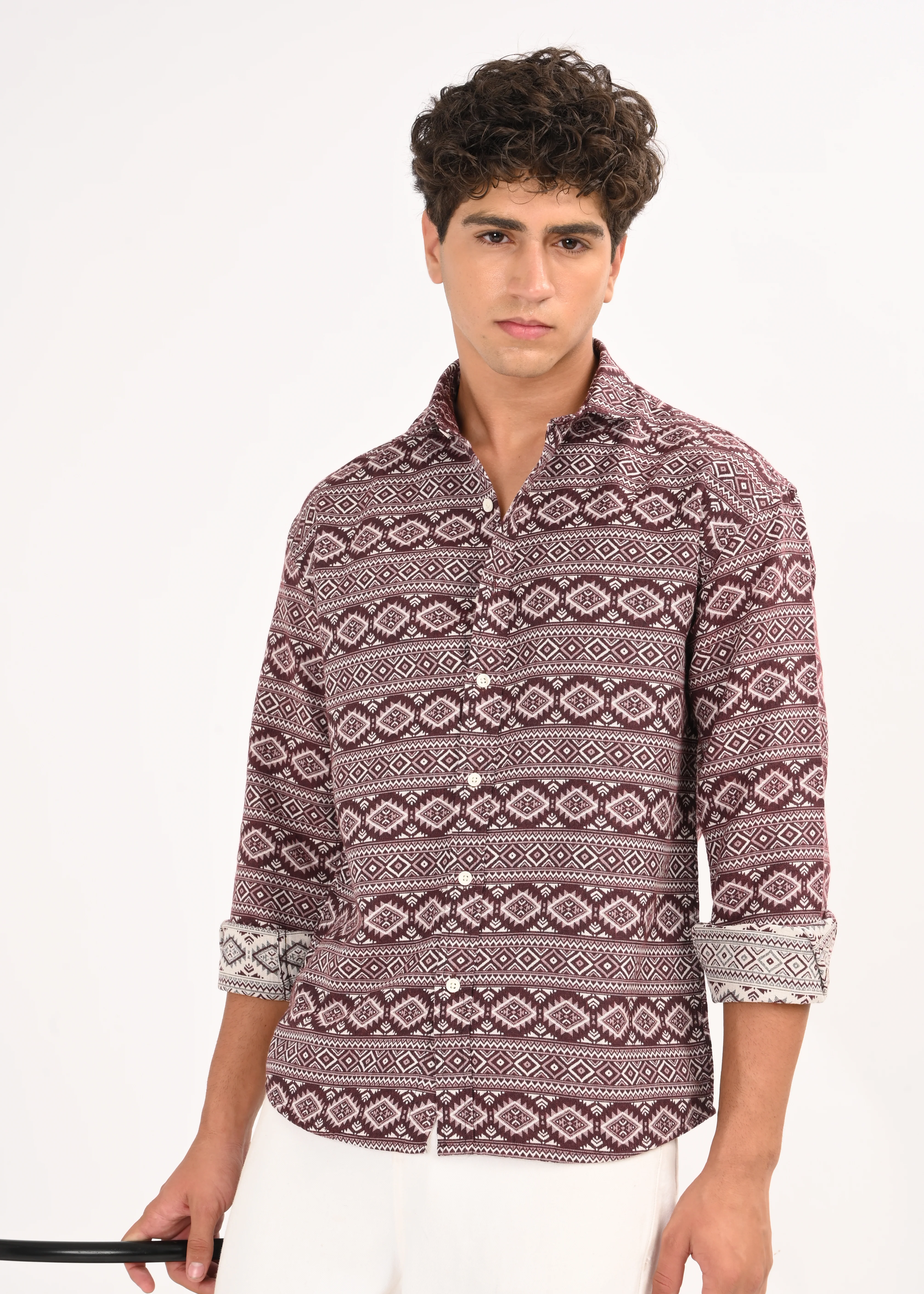 Men Maroon Textured Jacquard Tribal Shirt - Image 10