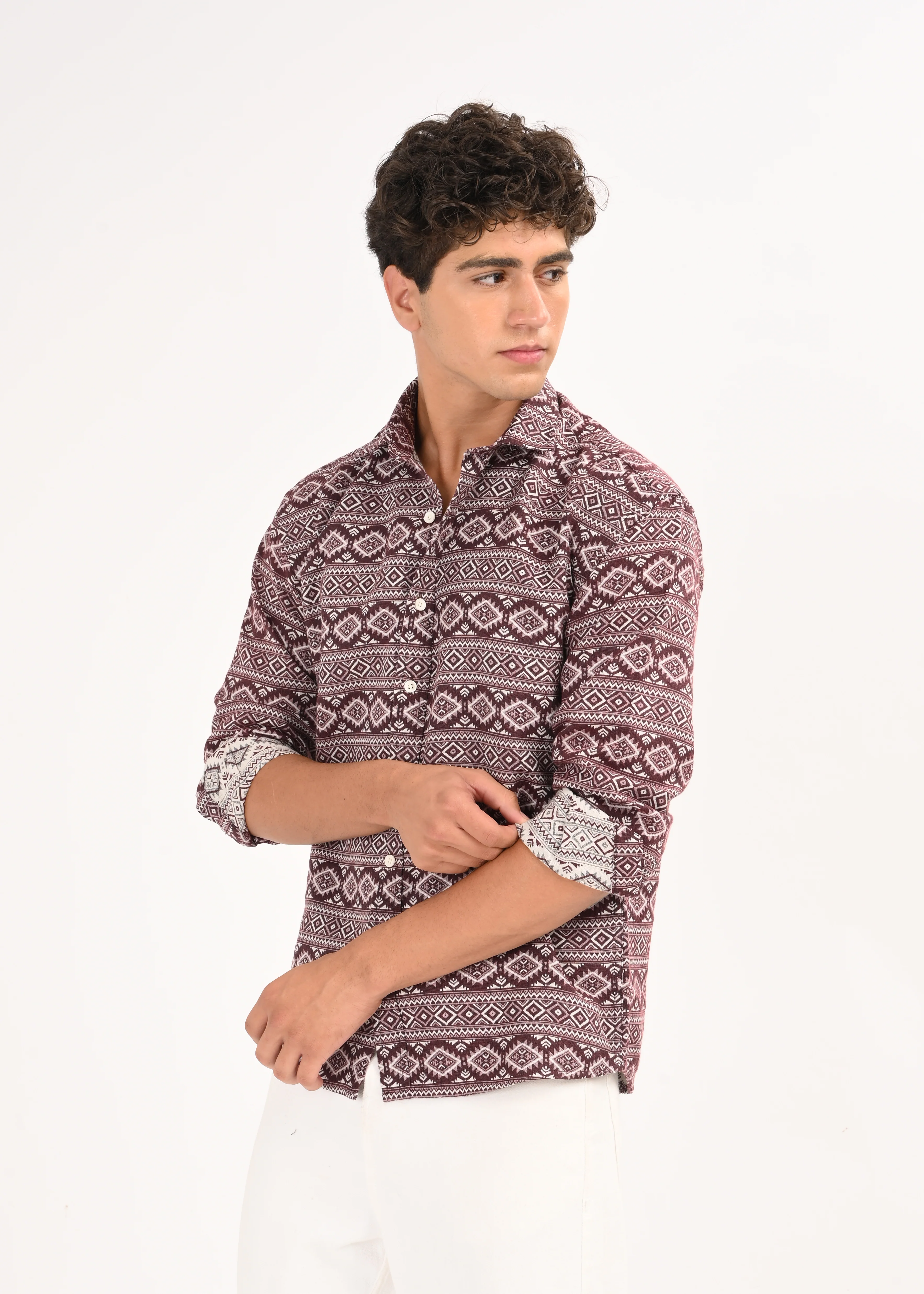 Men Maroon Textured Jacquard Tribal Shirt - Image 3