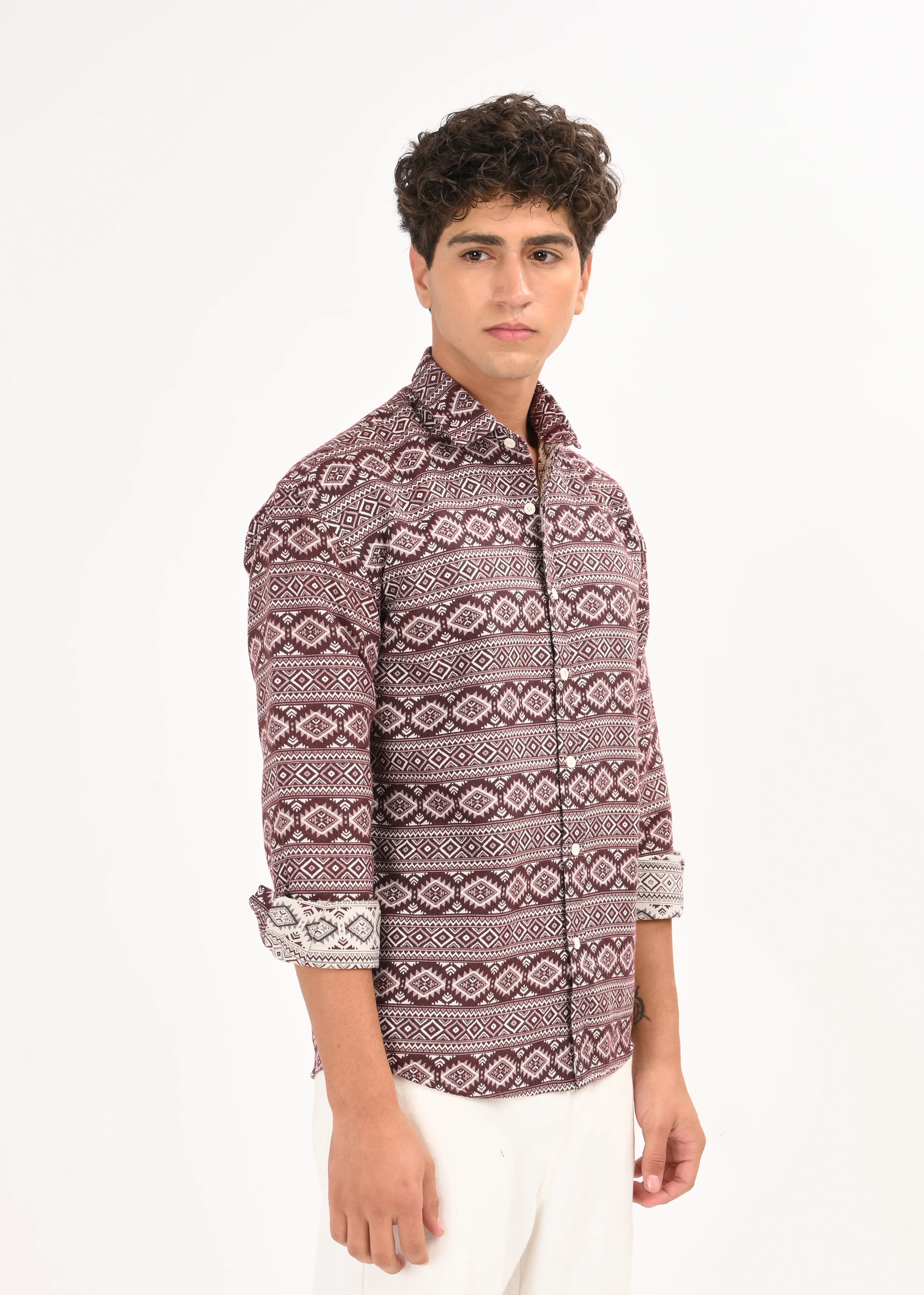 Men Maroon Textured Jacquard Tribal Shirt - Image 5