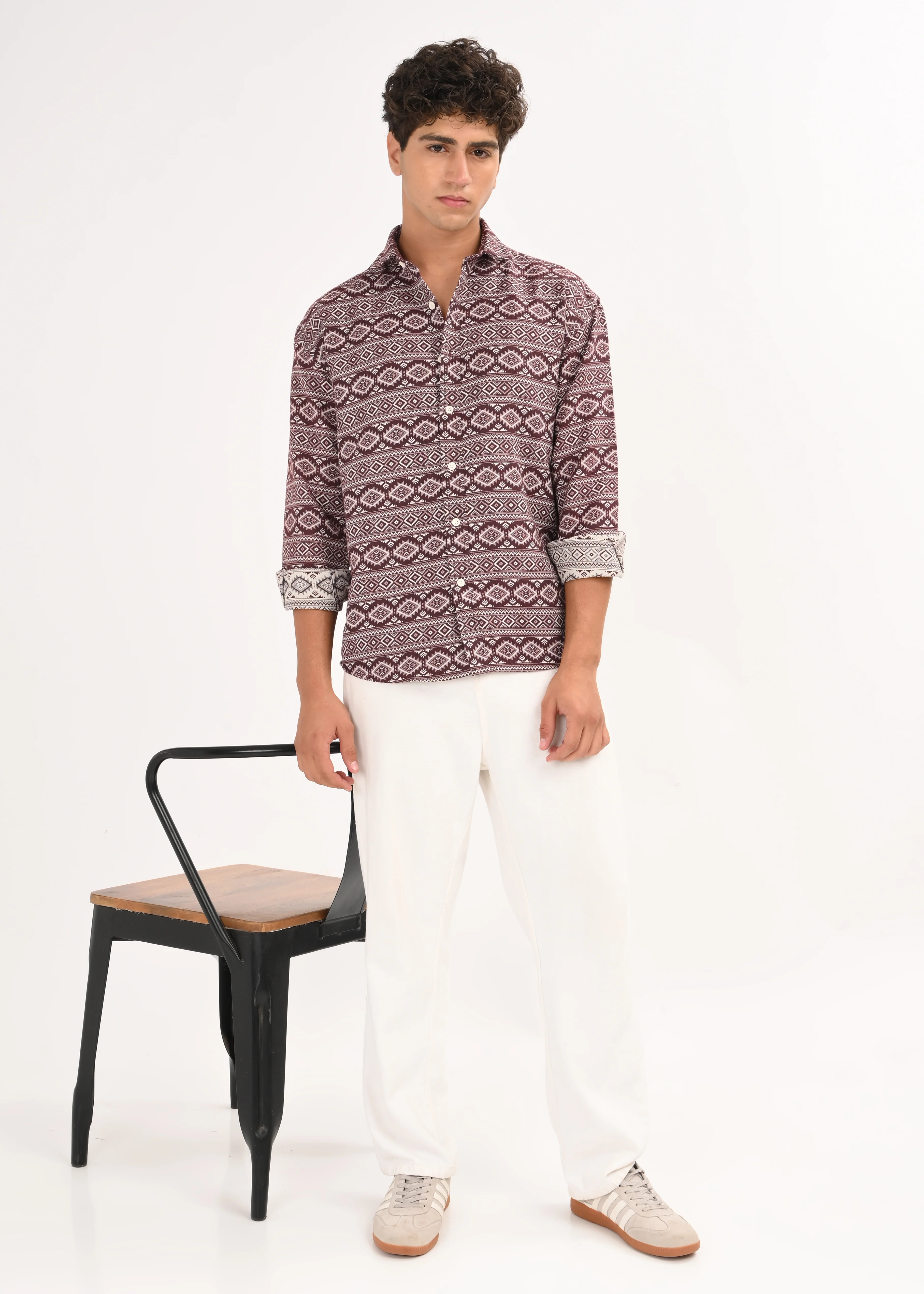 Men Maroon Textured Jacquard Tribal Shirt - Image 8