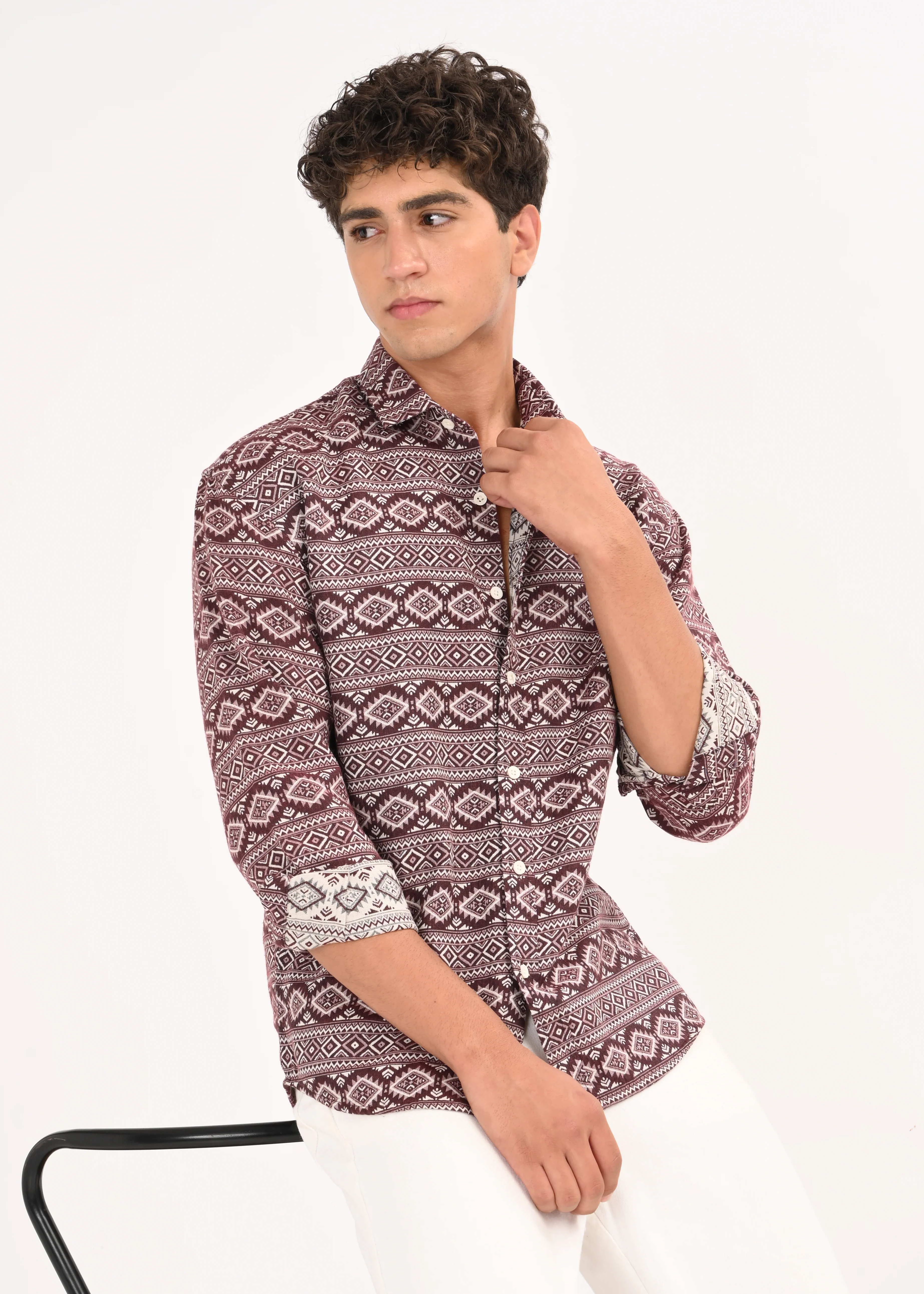 Men Maroon Textured Jacquard Tribal Shirt - Image 9