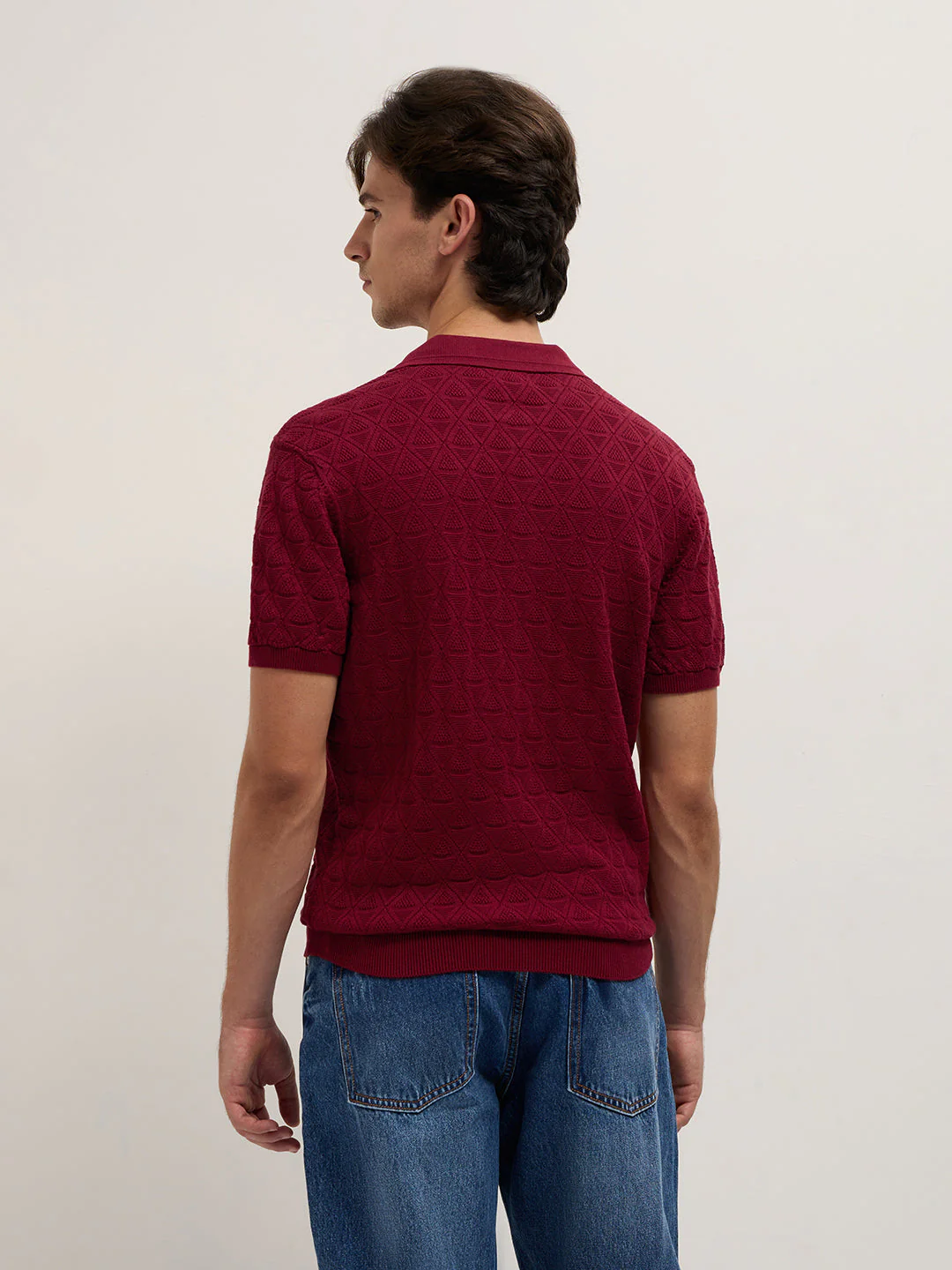 Men Maroon Textured Knit Design Regular Fit Polo - Image 2