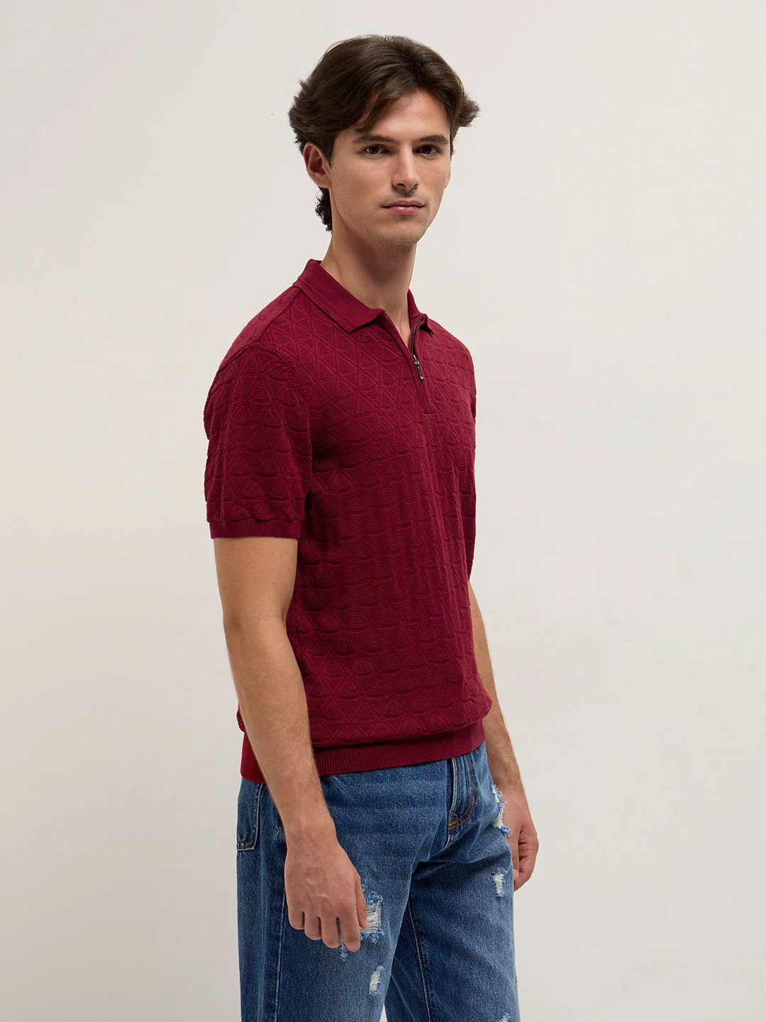 Men Maroon Textured Knit Design Regular Fit Polo - Image 3