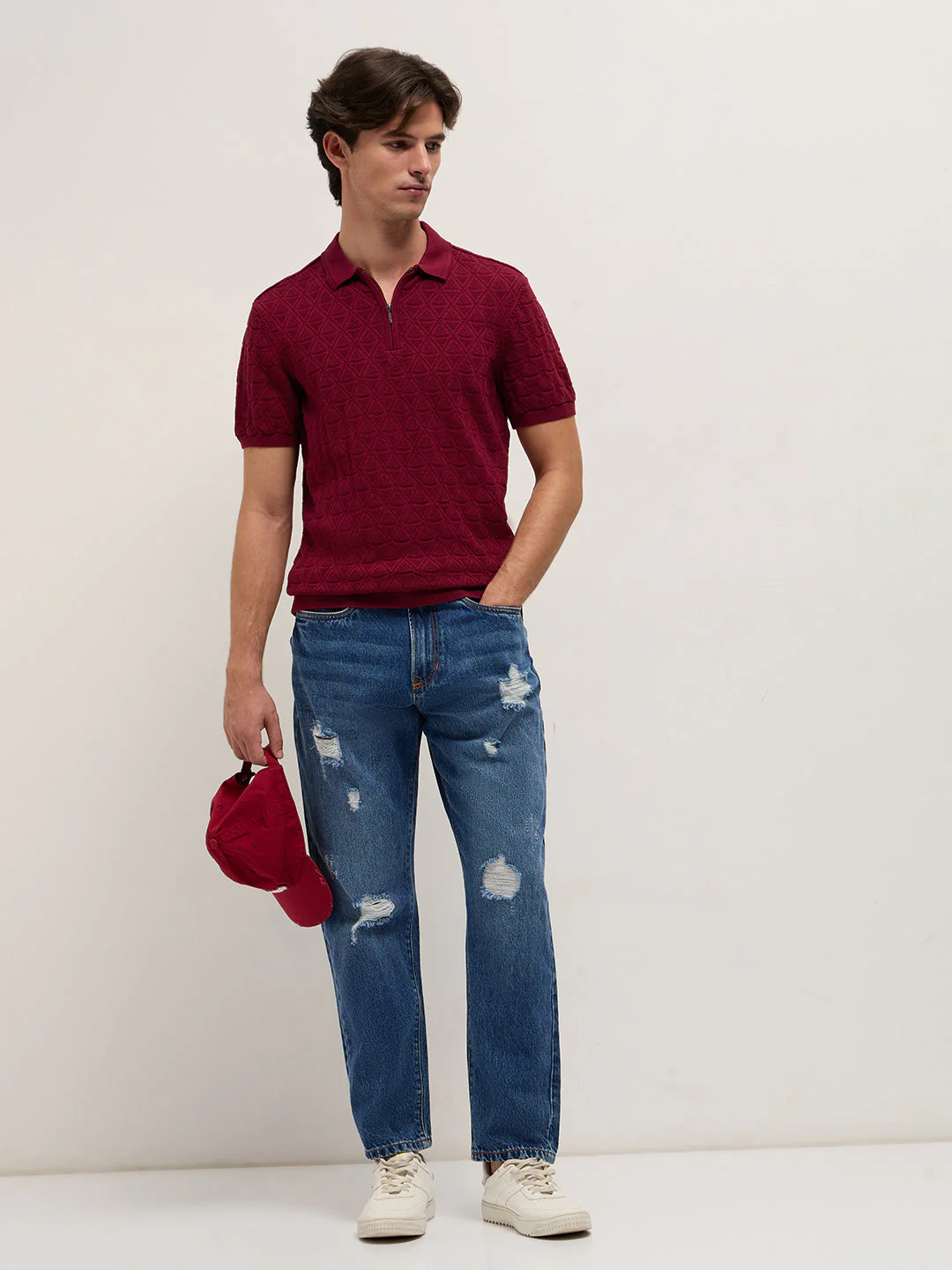 Men Maroon Textured Knit Design Regular Fit Polo - Image 4