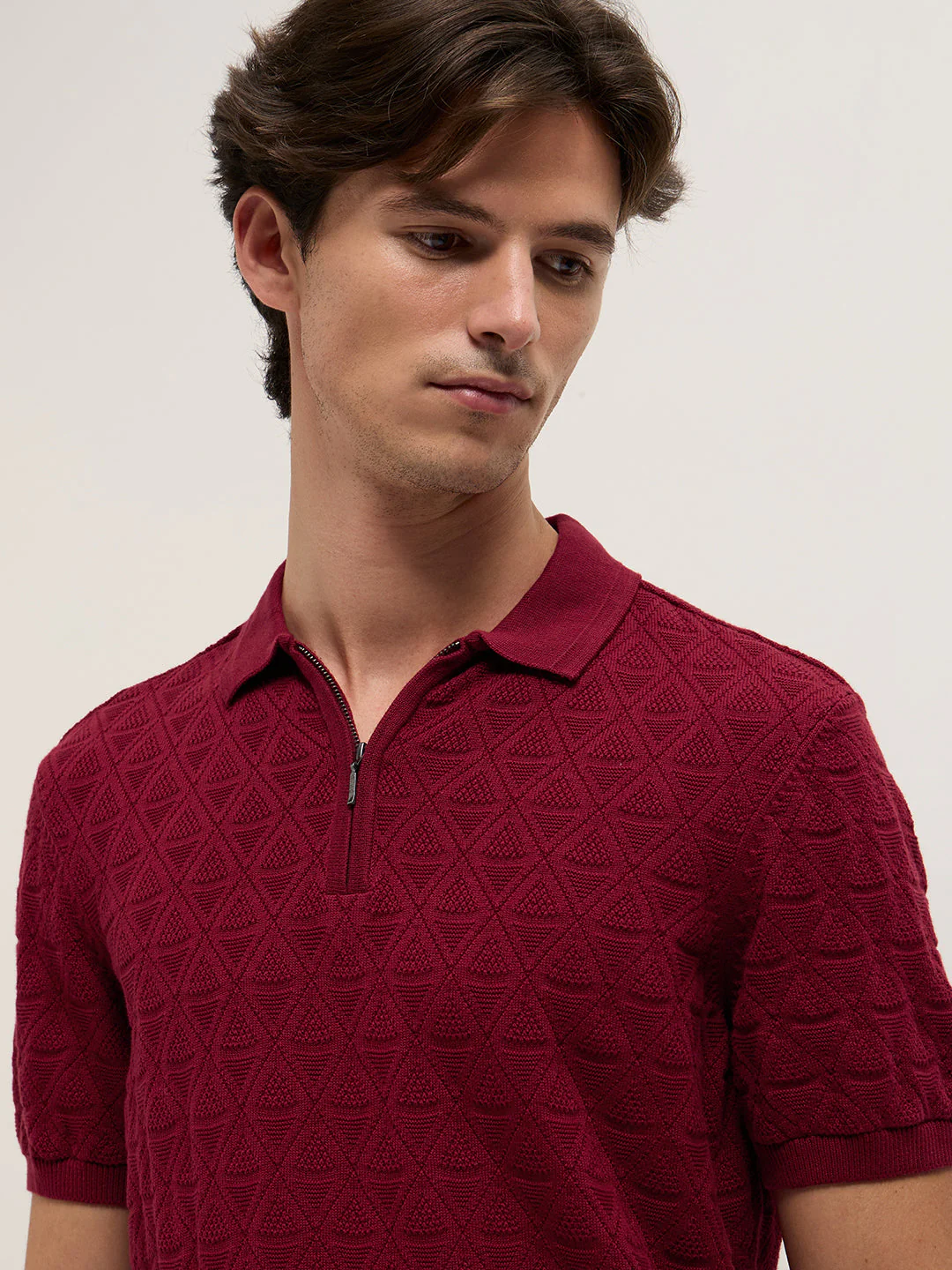 Men Maroon Textured Knit Design Regular Fit Polo - Image 5