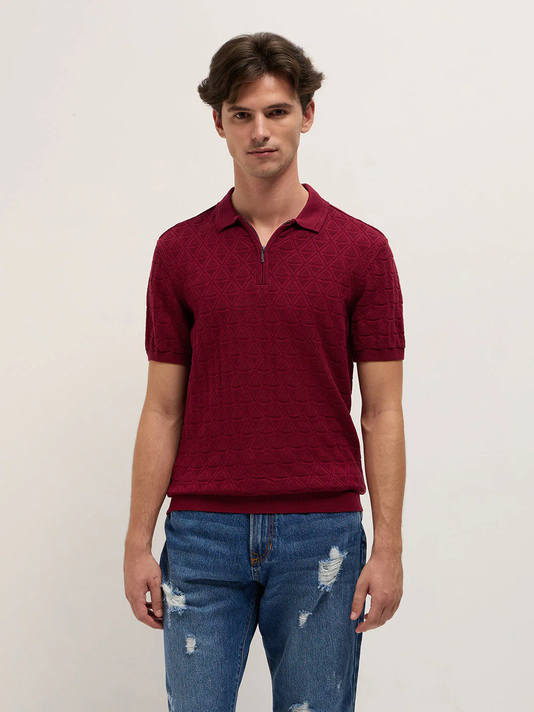 Men Maroon Textured Knit Design Regular Fit Polo - Image 6