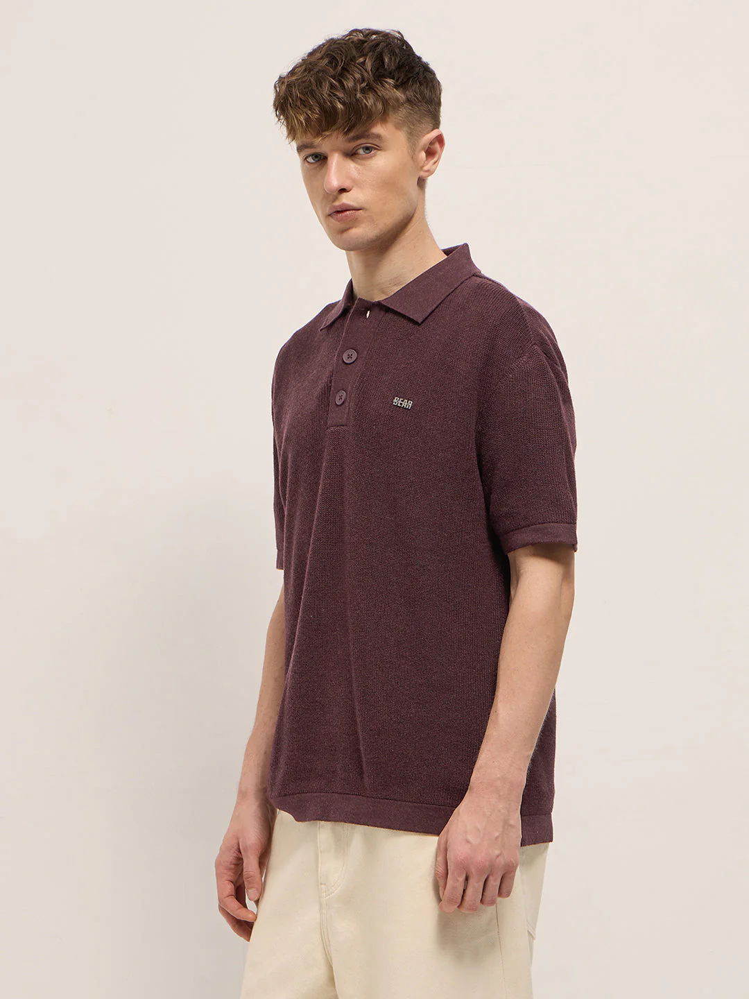 Men Maroon Textured Knit Relaxed Fit Polo - Image 3