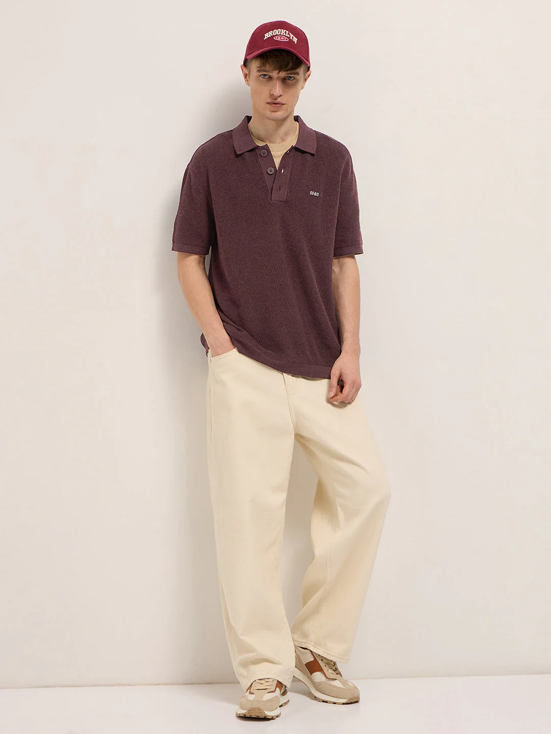 Men Maroon Textured Knit Relaxed Fit Polo - Image 4