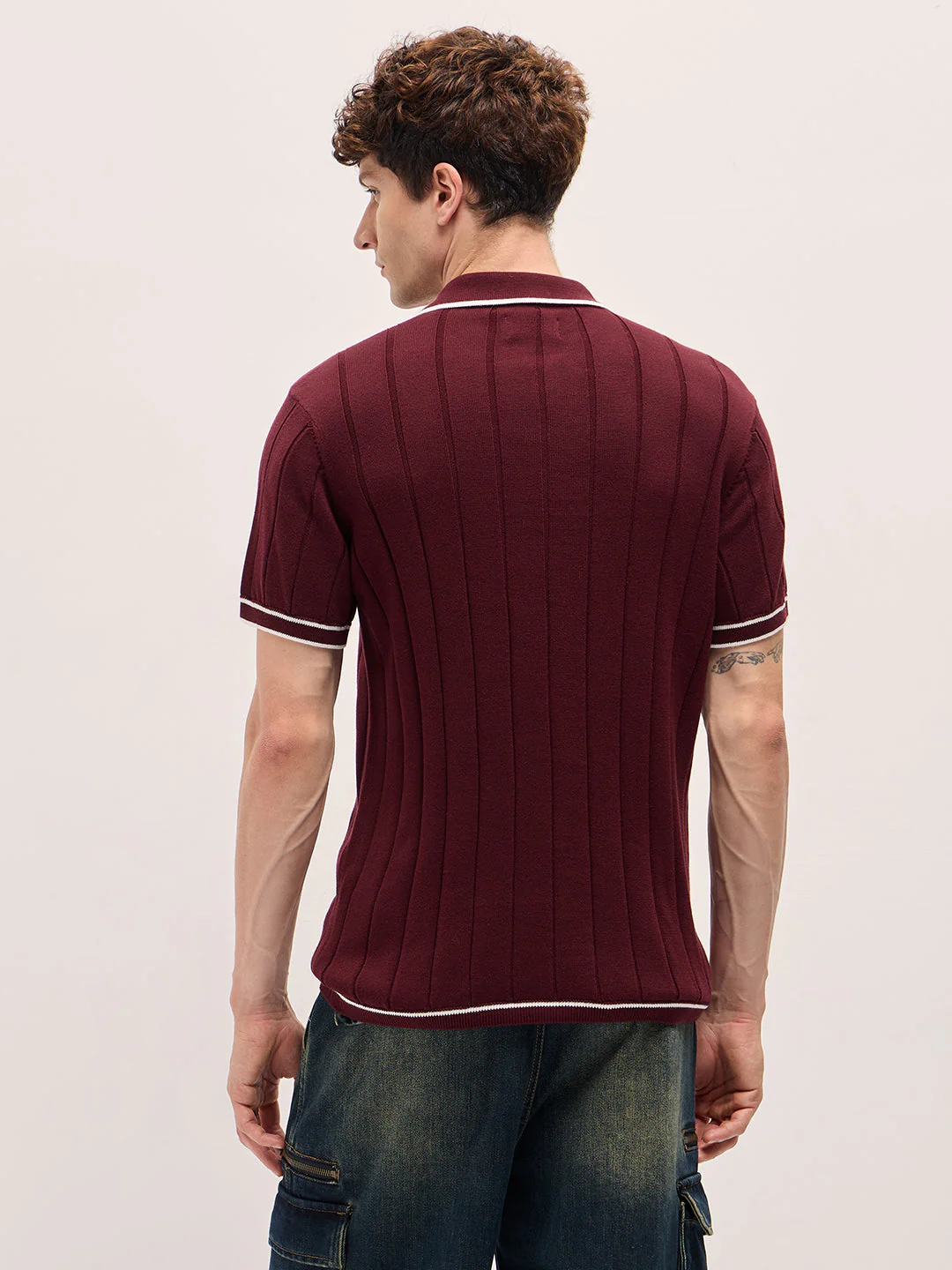 Men Maroon Textured Knit Shirt-Style Regular Fit Polo - Image 2