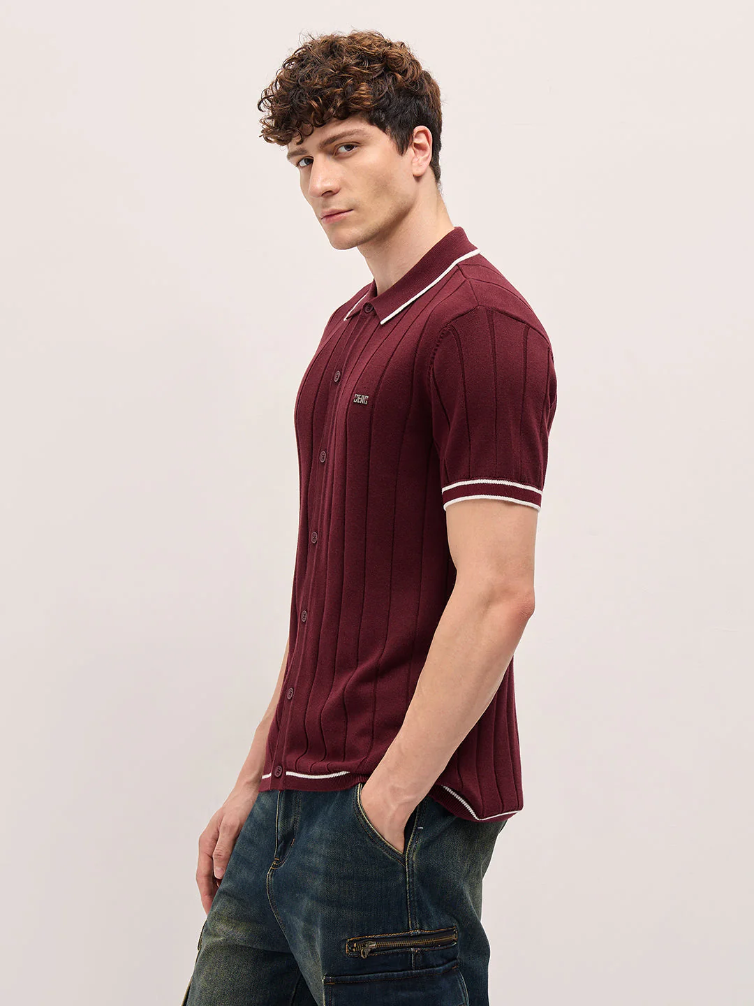 Men Maroon Textured Knit Shirt-Style Regular Fit Polo - Image 3