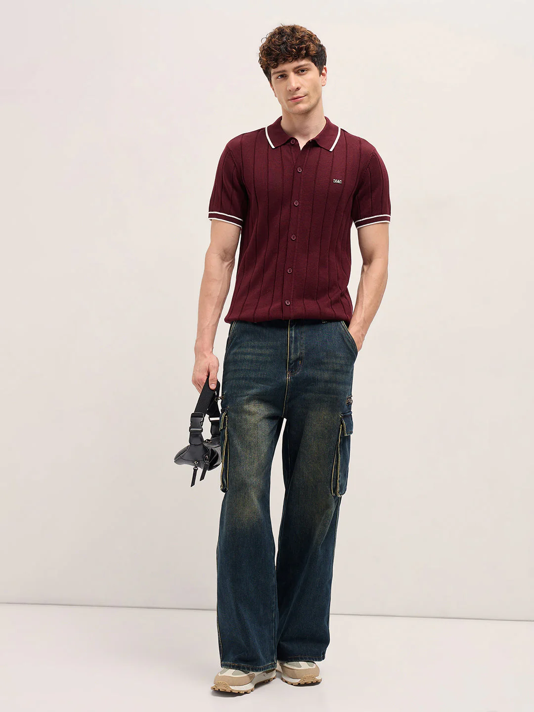 Men Maroon Textured Knit Shirt-Style Regular Fit Polo - Image 4