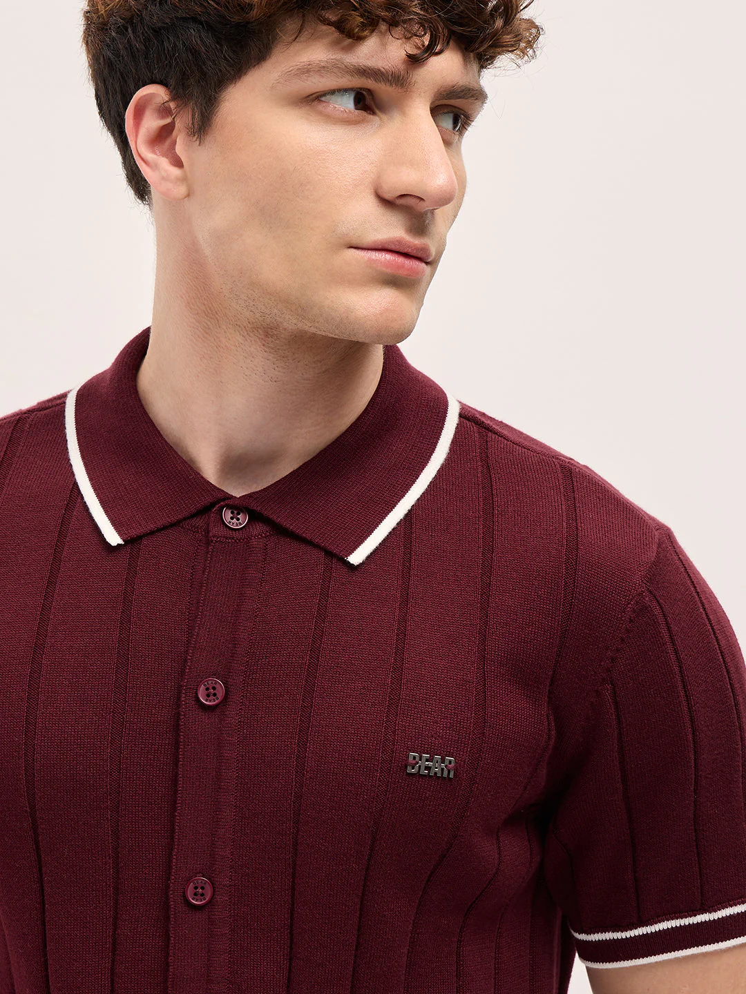 Men Maroon Textured Knit Shirt-Style Regular Fit Polo - Image 5