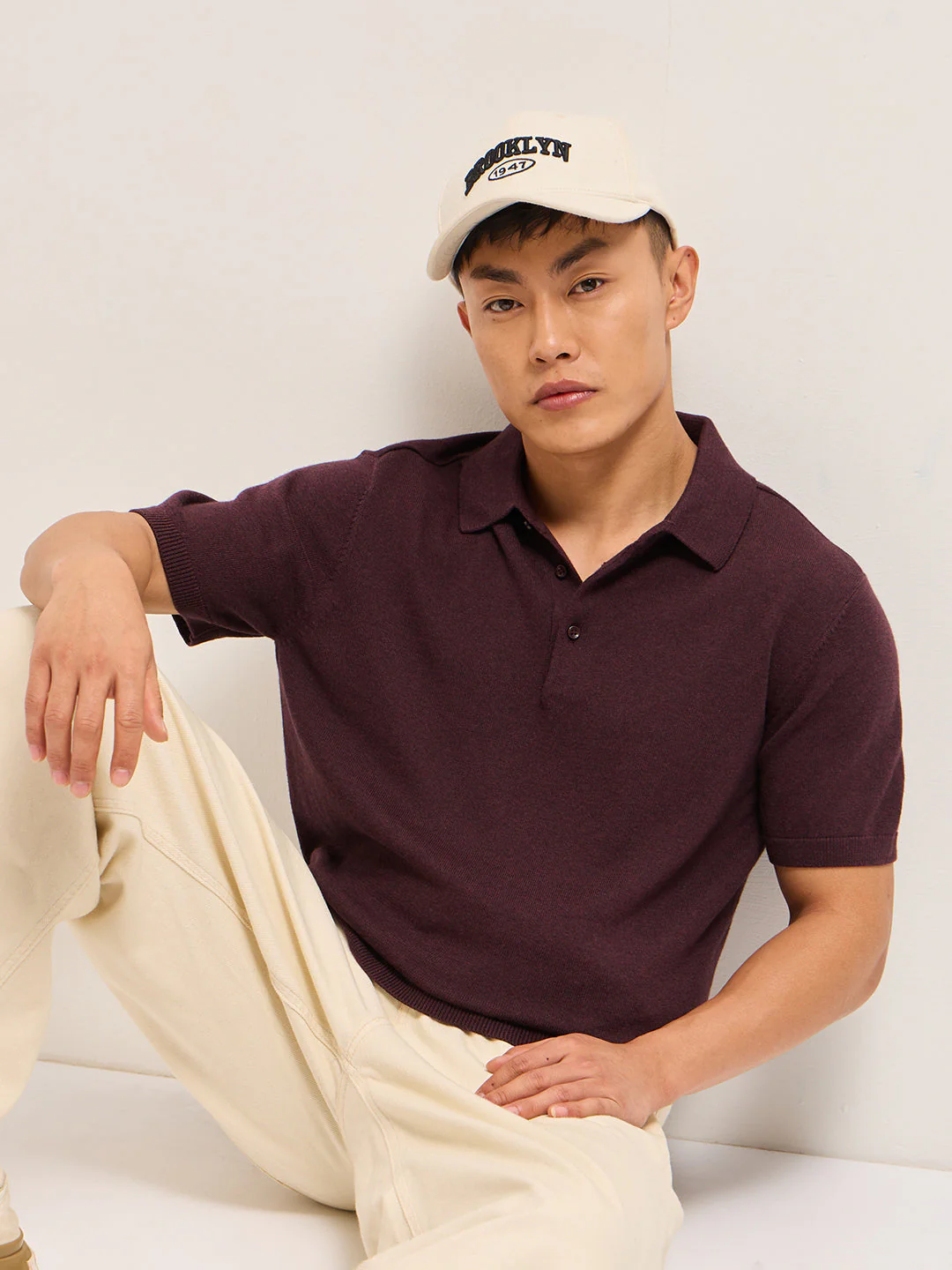 Men Maroon Textured Knit Solid Regular Fit Polo