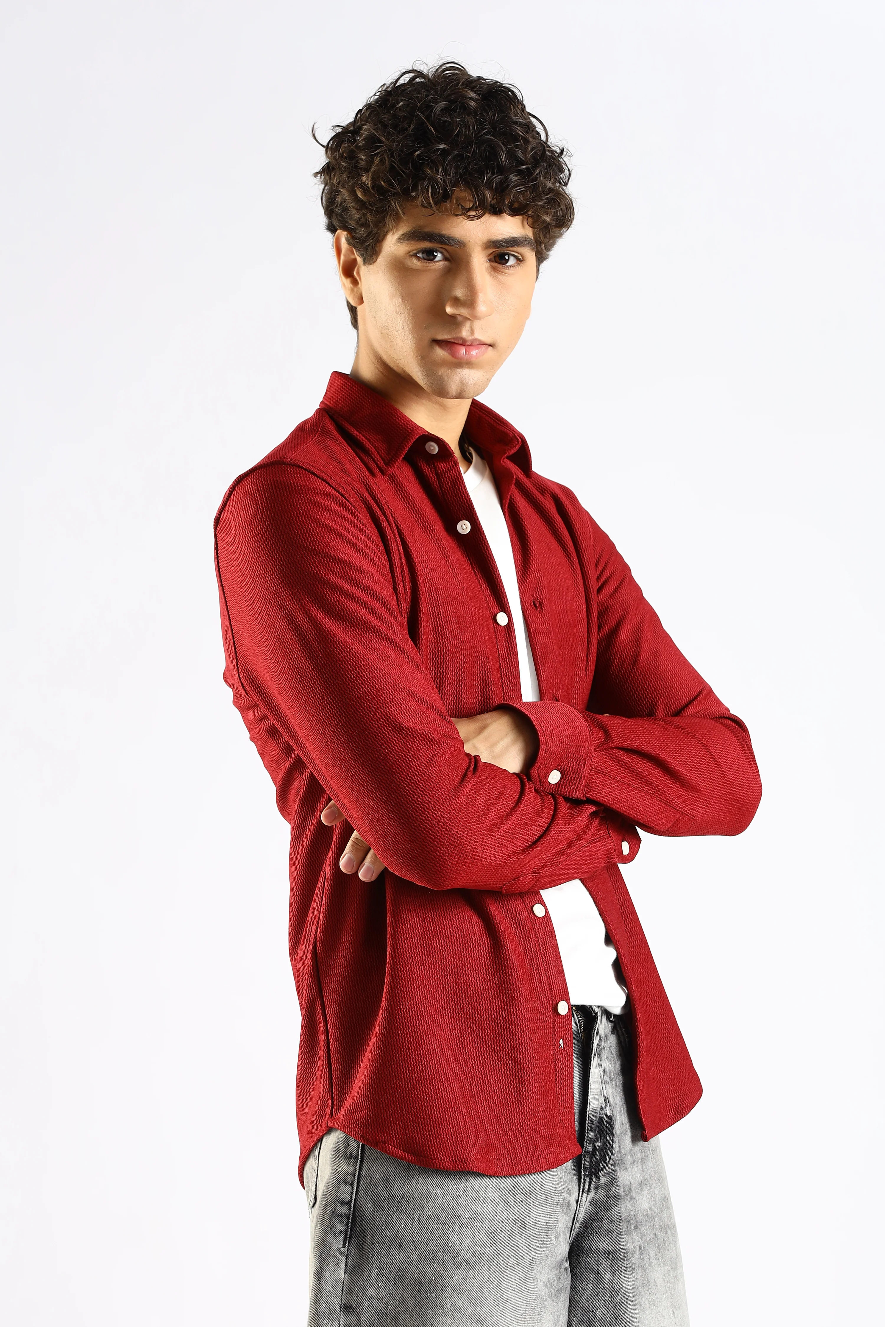 Men Maroon Textured Spread Collar Shirt - Image 10