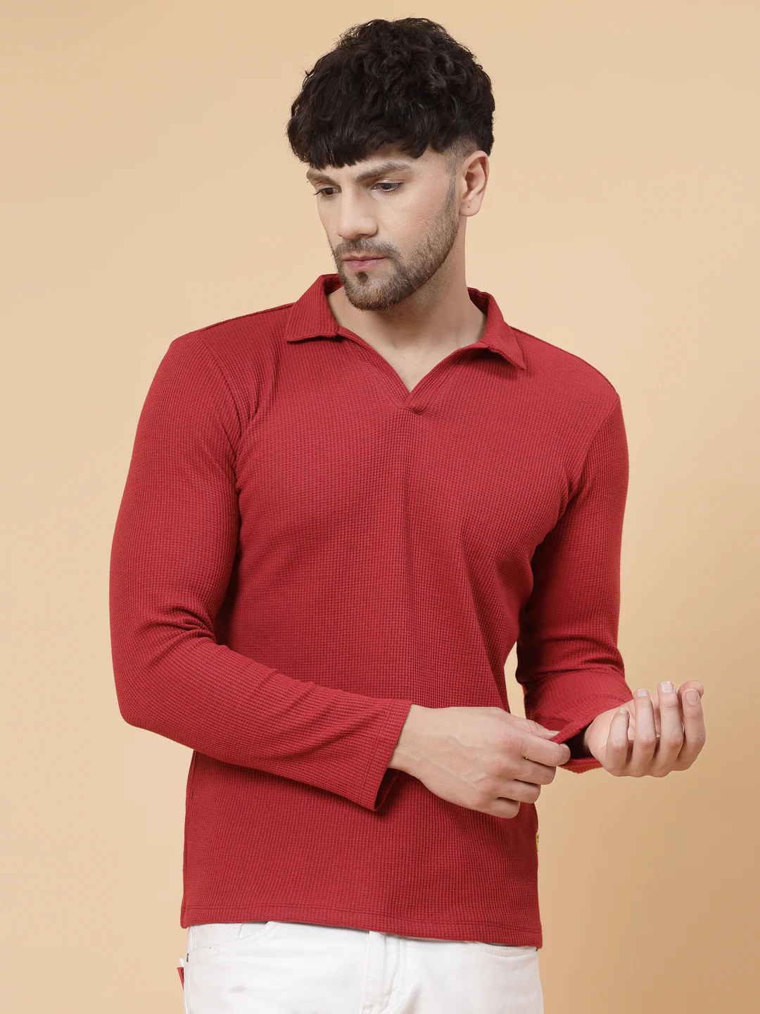 Men Maroon Waffle Knit T-shirt - Image 3