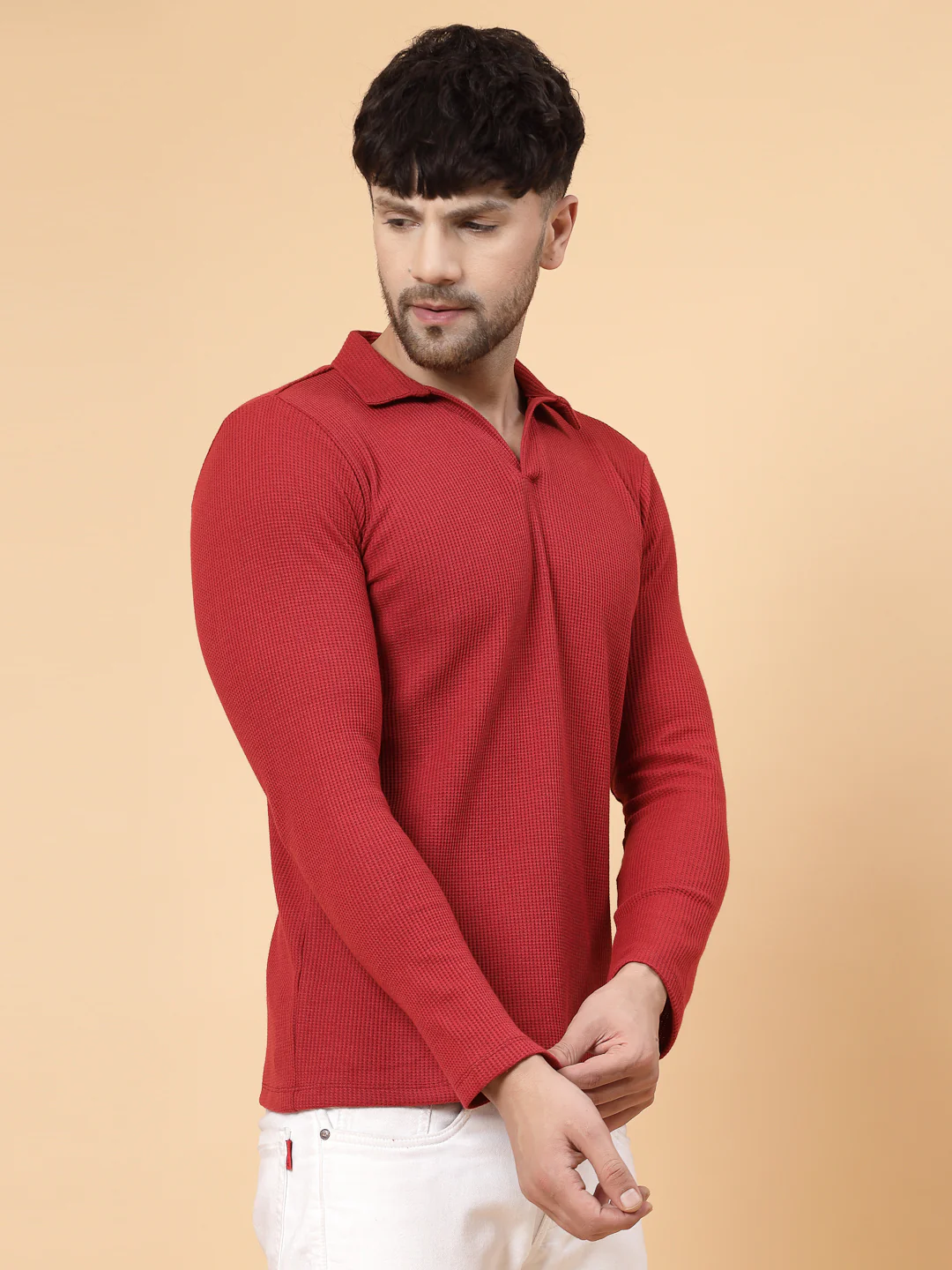 Men Maroon Waffle Knit T-shirt - Image 4