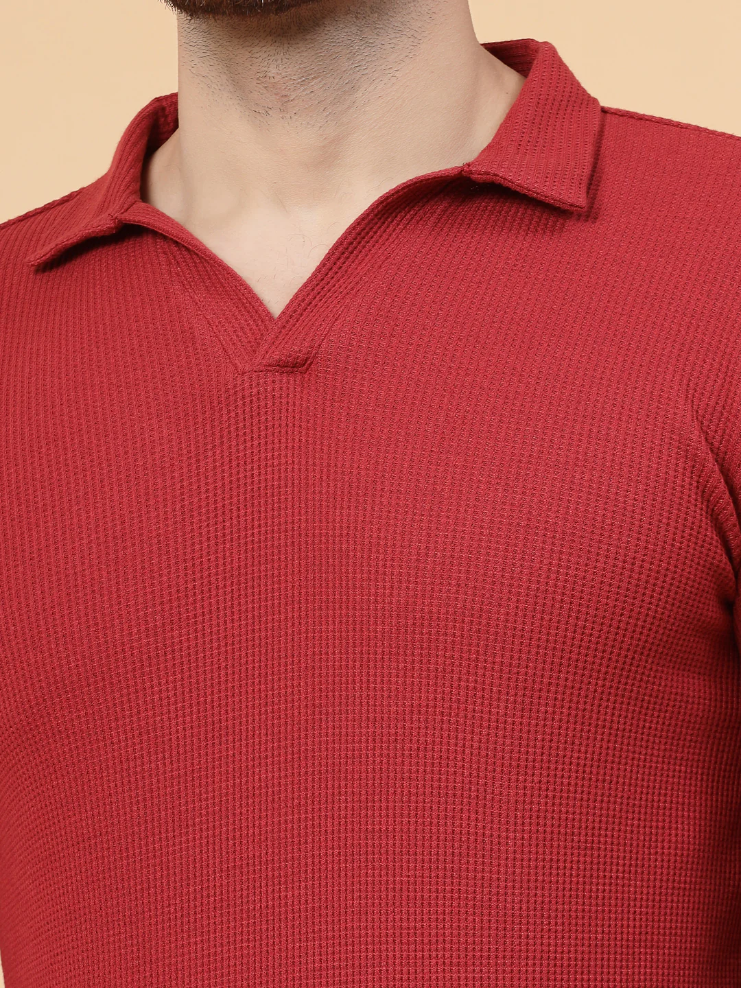 Men Maroon Waffle Knit T-shirt - Image 6