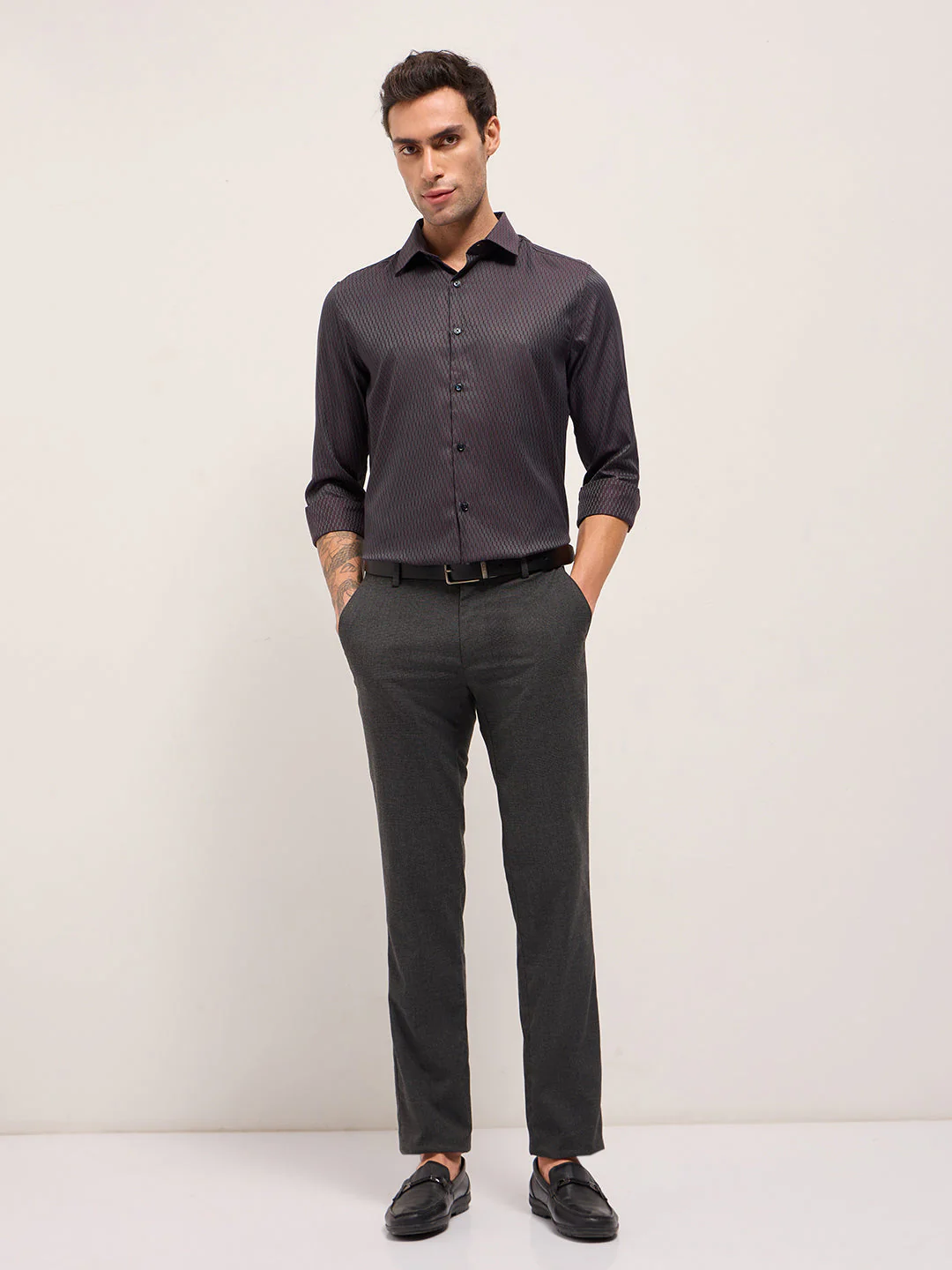 Men Maroon Woven Design Tailored Fit Formal Shirt - Image 4