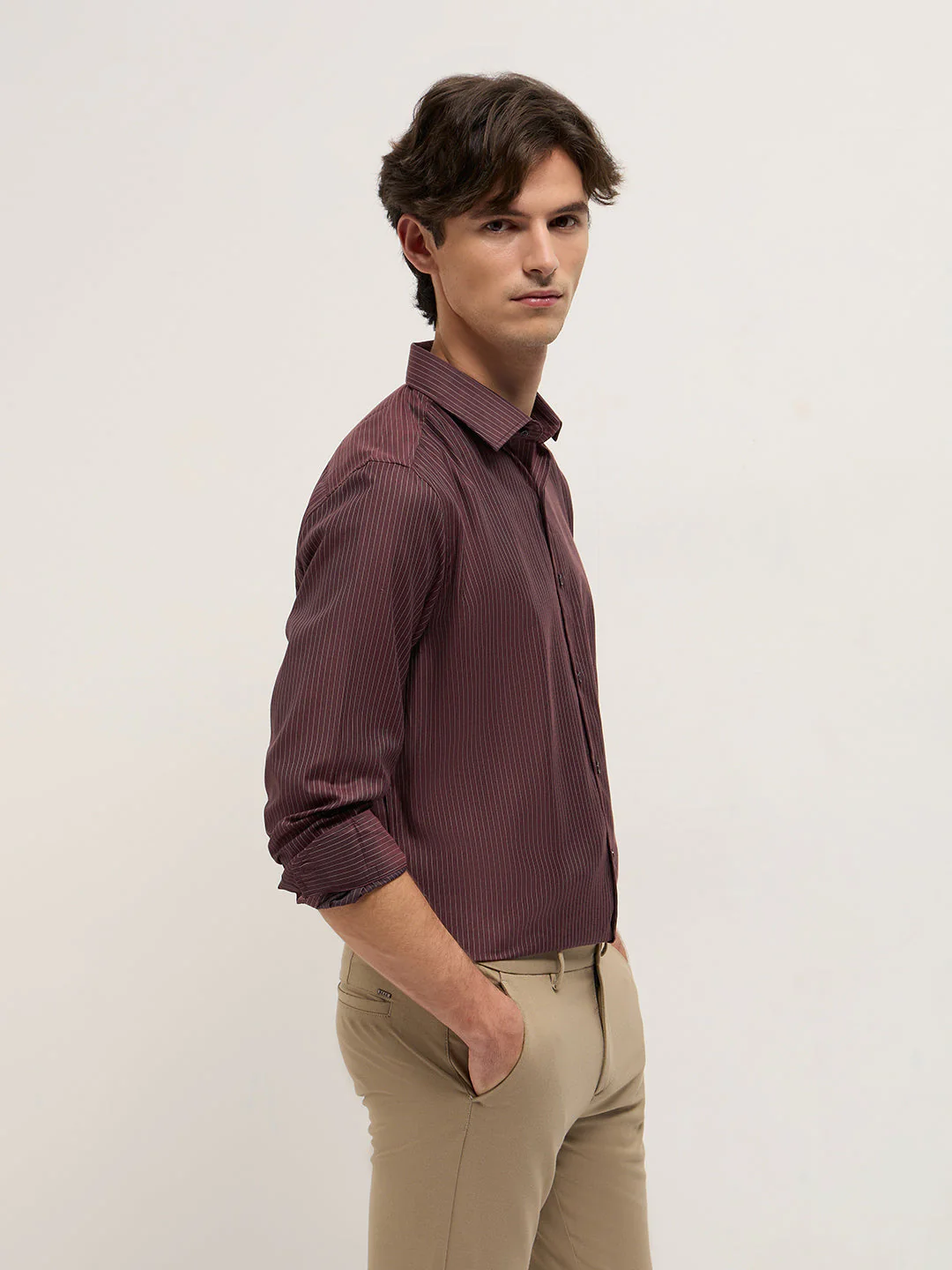 Men Maroon Woven Pin Stripe Design Tailored Fit Formal Shirt - Image 3