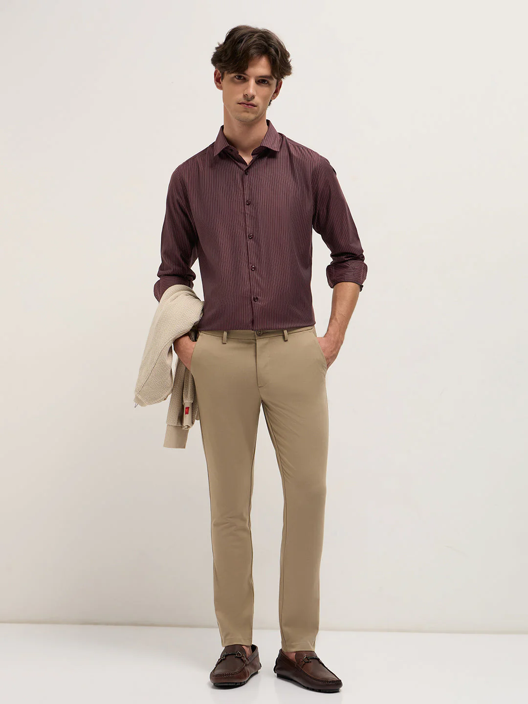 Men Maroon Woven Pin Stripe Design Tailored Fit Formal Shirt - Image 4
