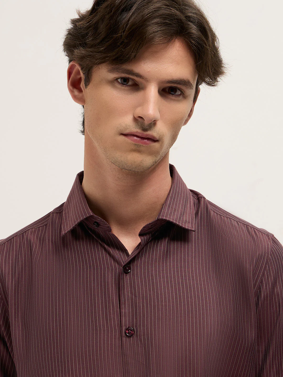 Men Maroon Woven Pin Stripe Design Tailored Fit Formal Shirt - Image 5