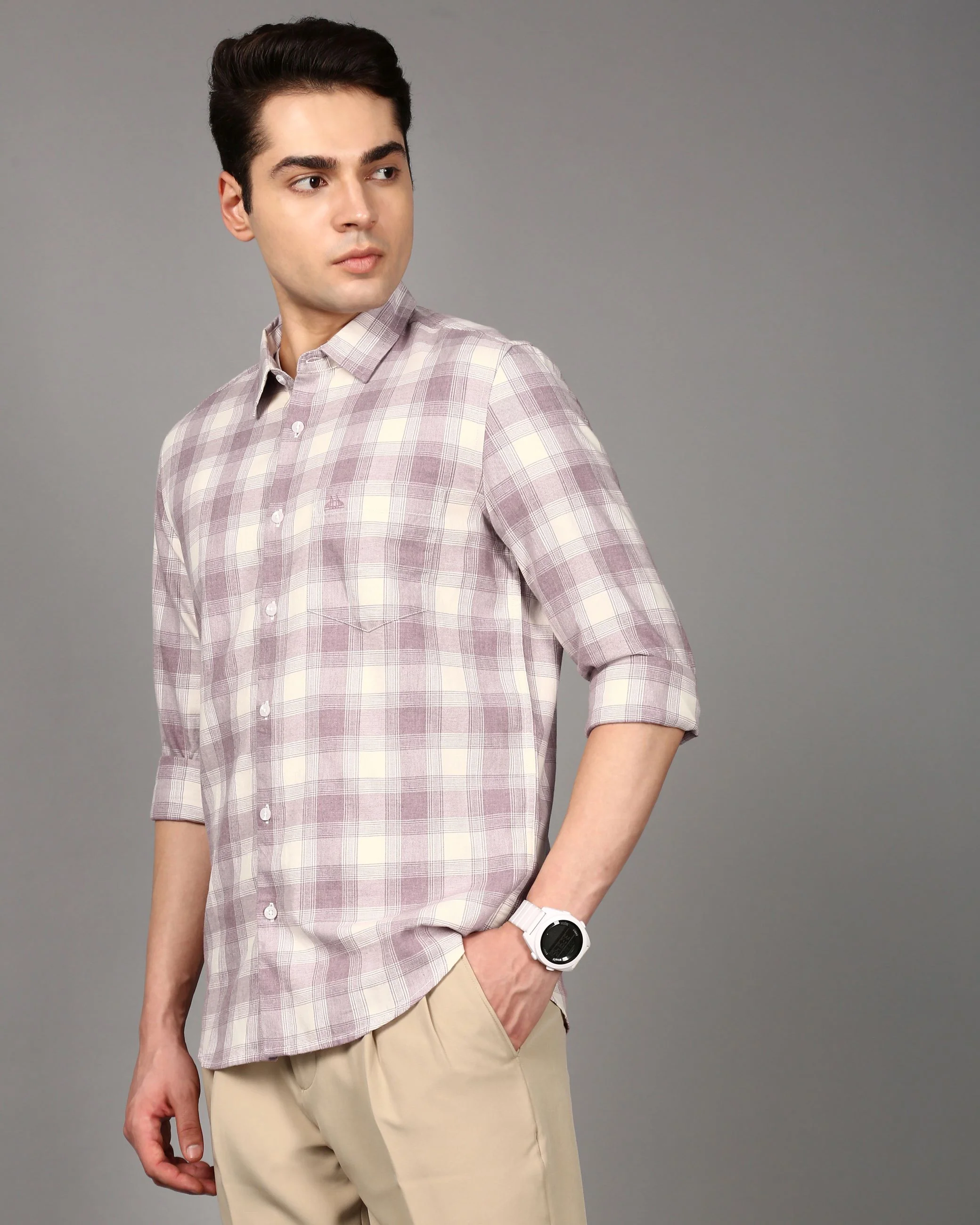Men Mauve Checked Cotton Shirt - Image 5