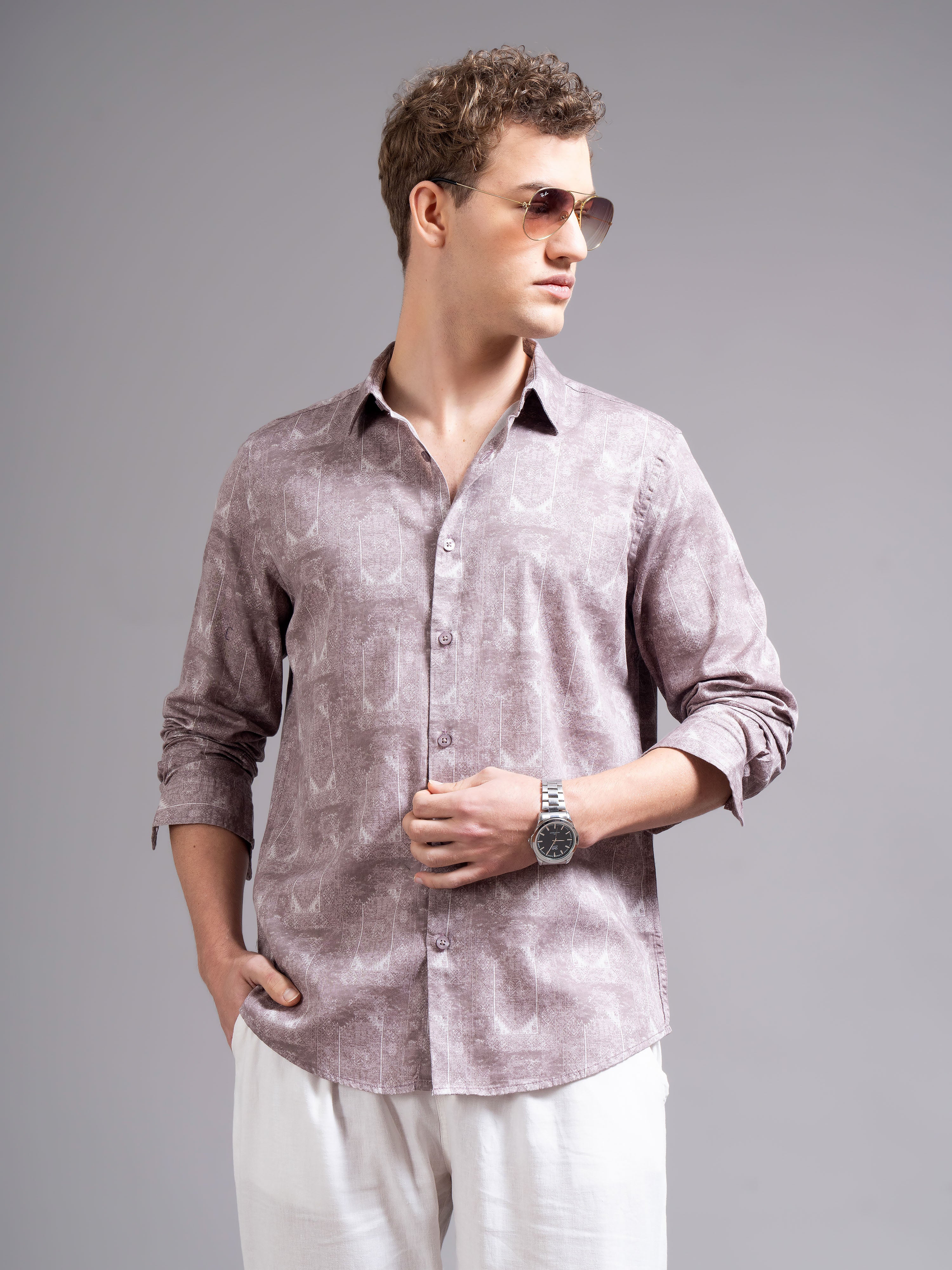 Men Mauve Geometric Print Shirt - Image 7