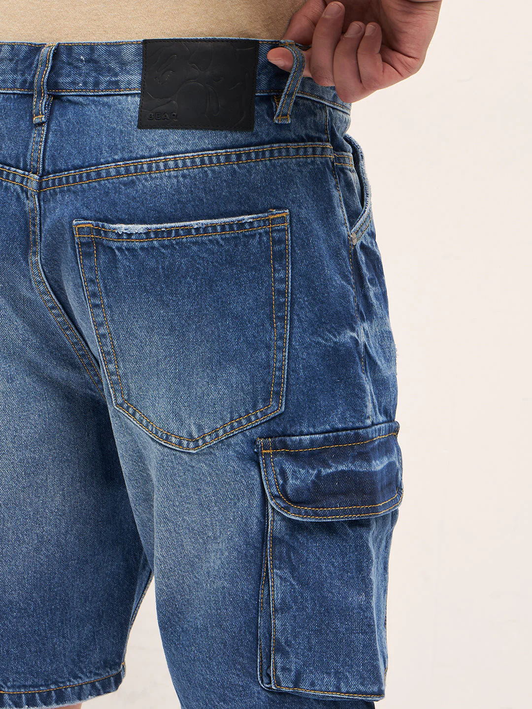 Men Mid Blue Baggy Fit Denim Cargo Shorts - Image 6
