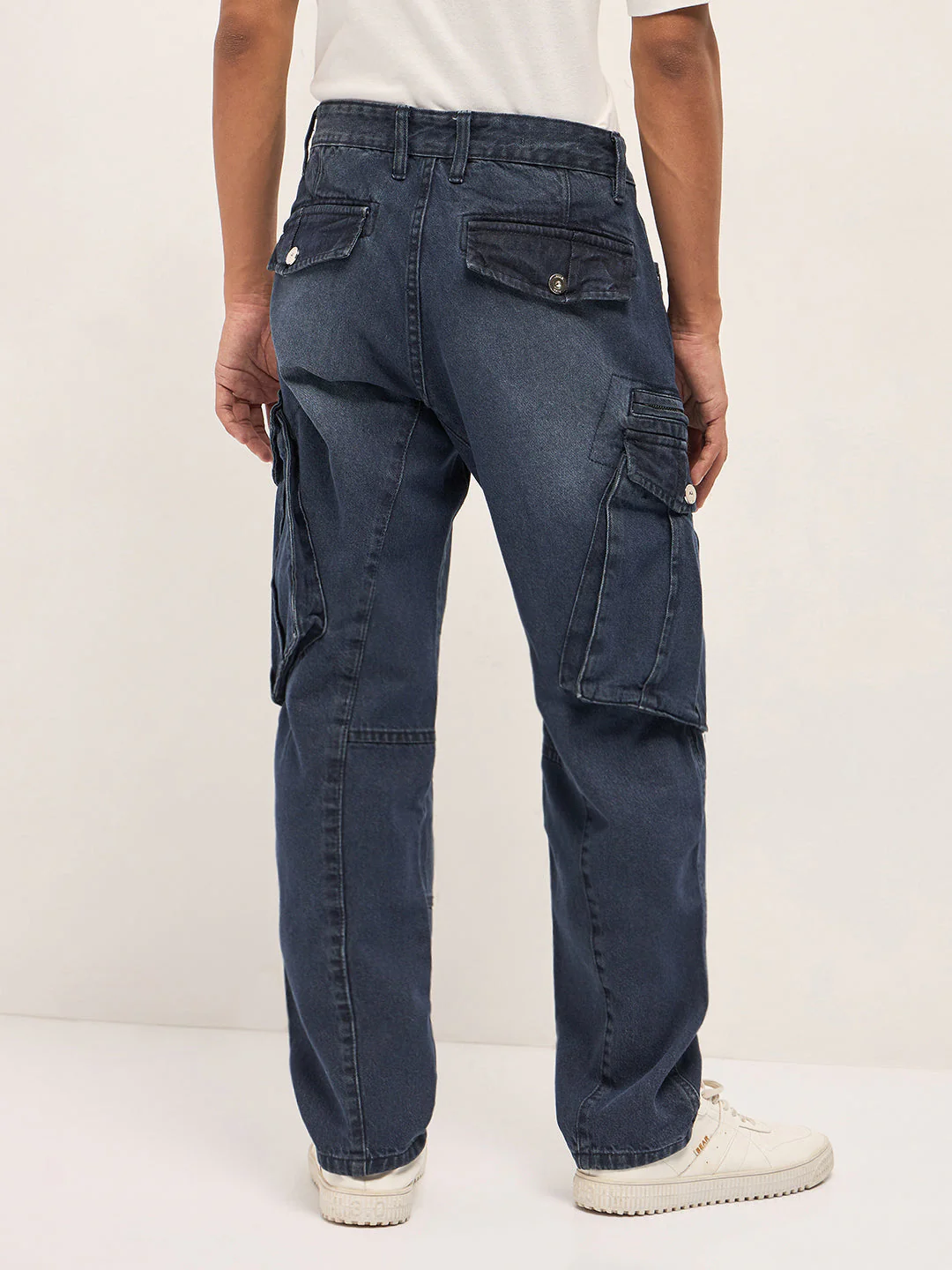 Men Mid Blue Faded Straight Fit Cargo Denim - Image 2