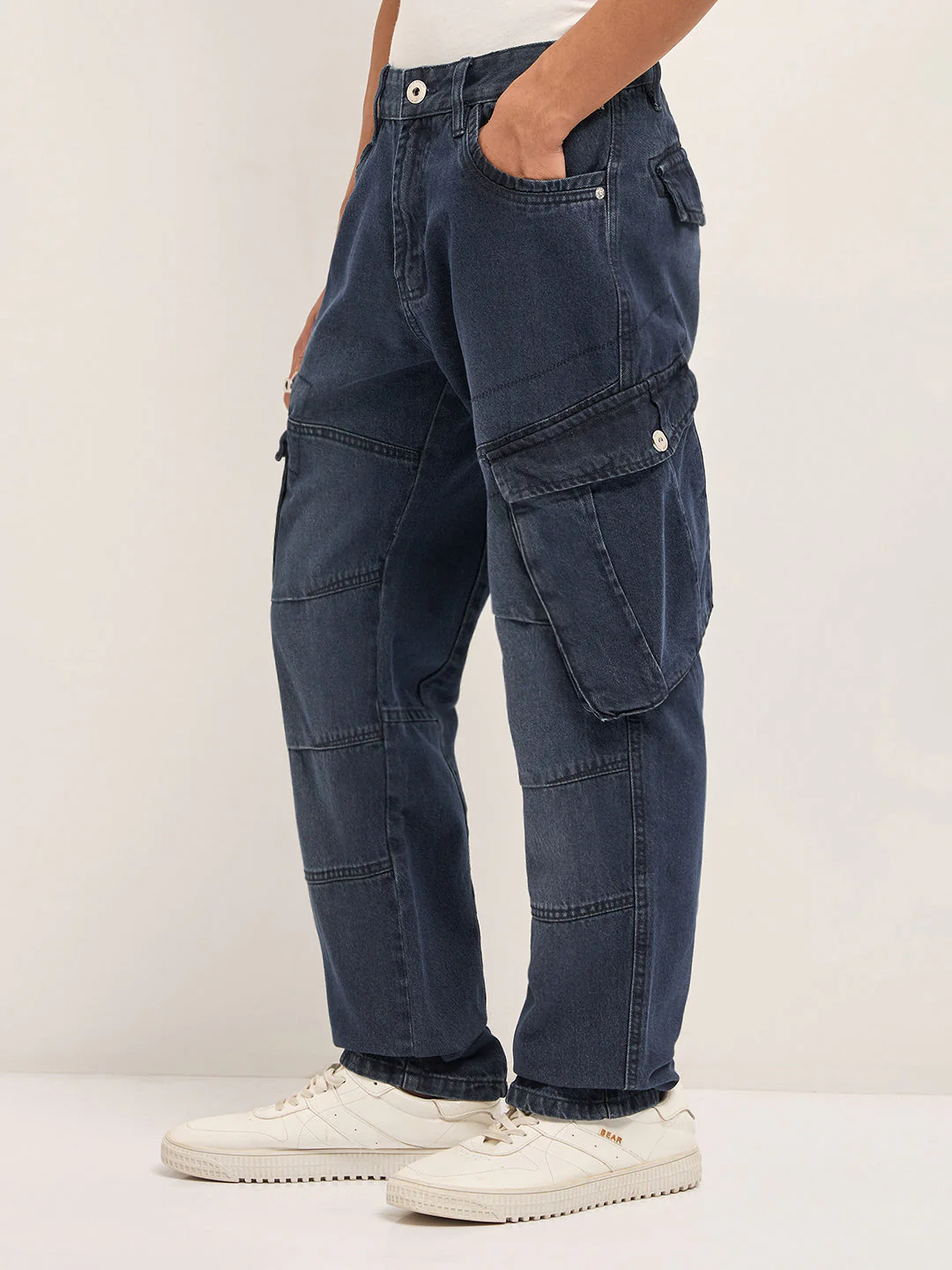 Men Mid Blue Faded Straight Fit Cargo Denim - Image 3