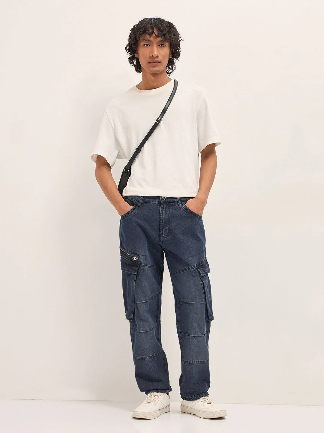 Men Mid Blue Faded Straight Fit Cargo Denim - Image 4