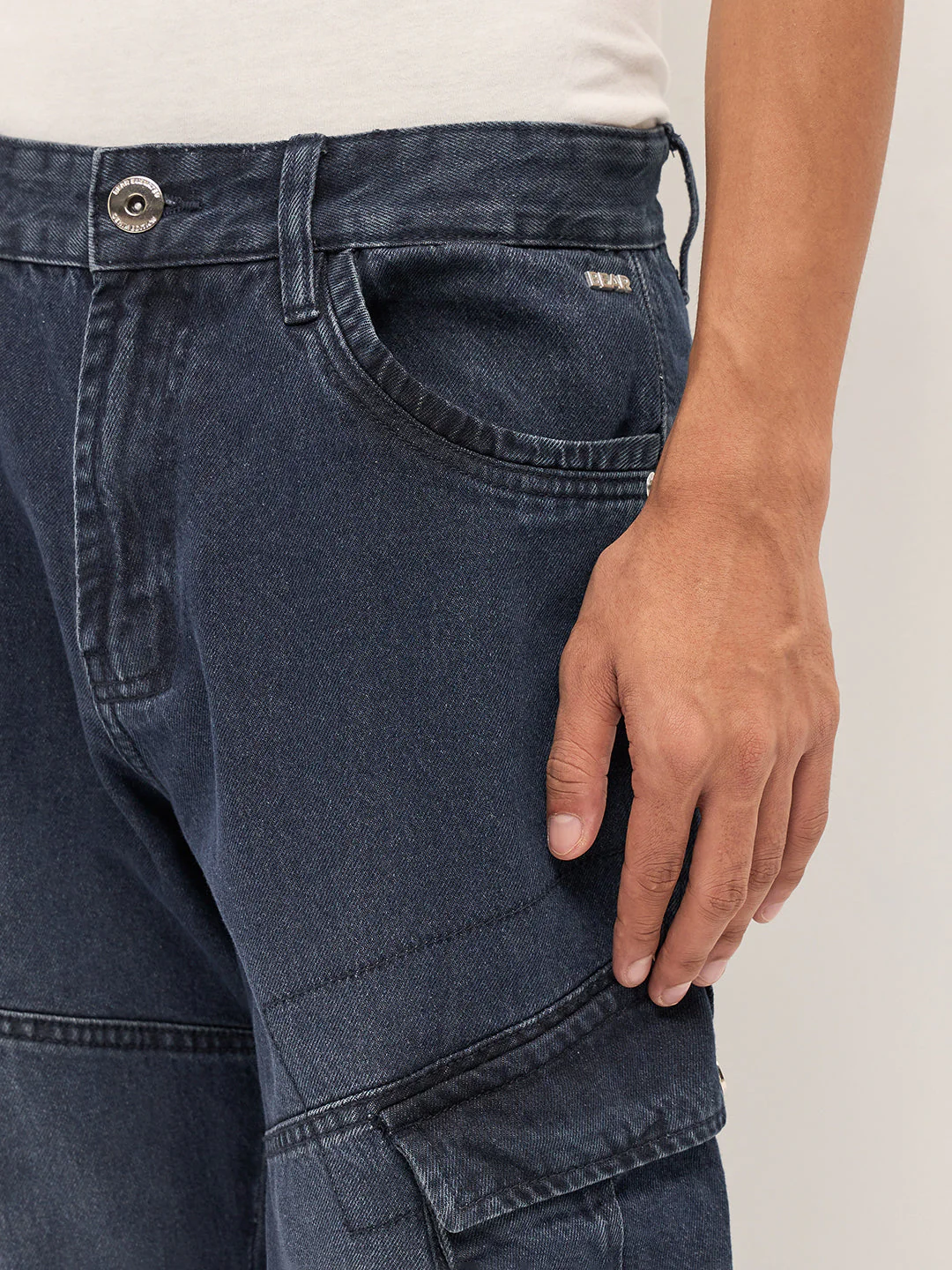 Men Mid Blue Faded Straight Fit Cargo Denim - Image 5