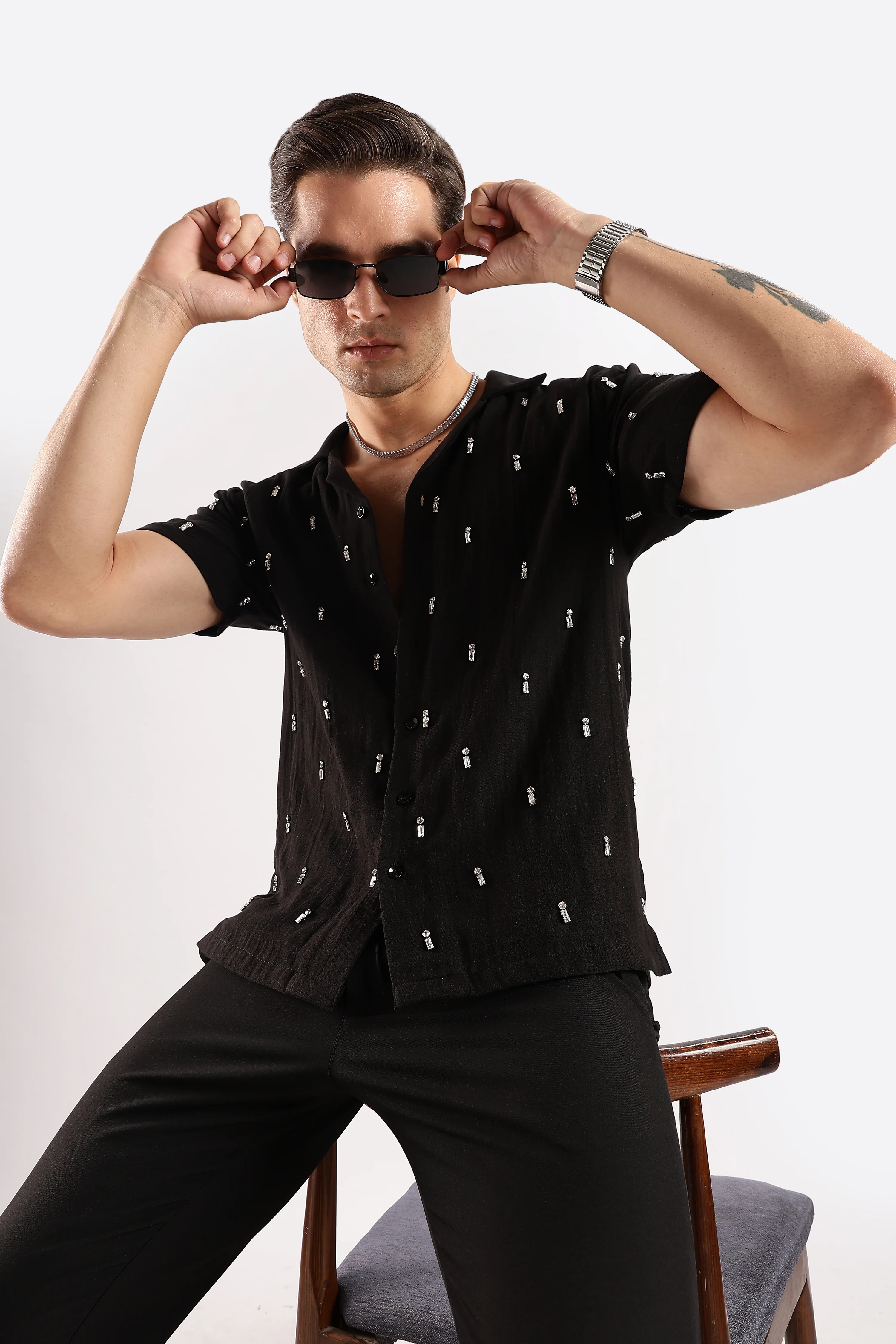 Men Midnight Amber Rhinestone Gauge Cotton Shirt - Image 10