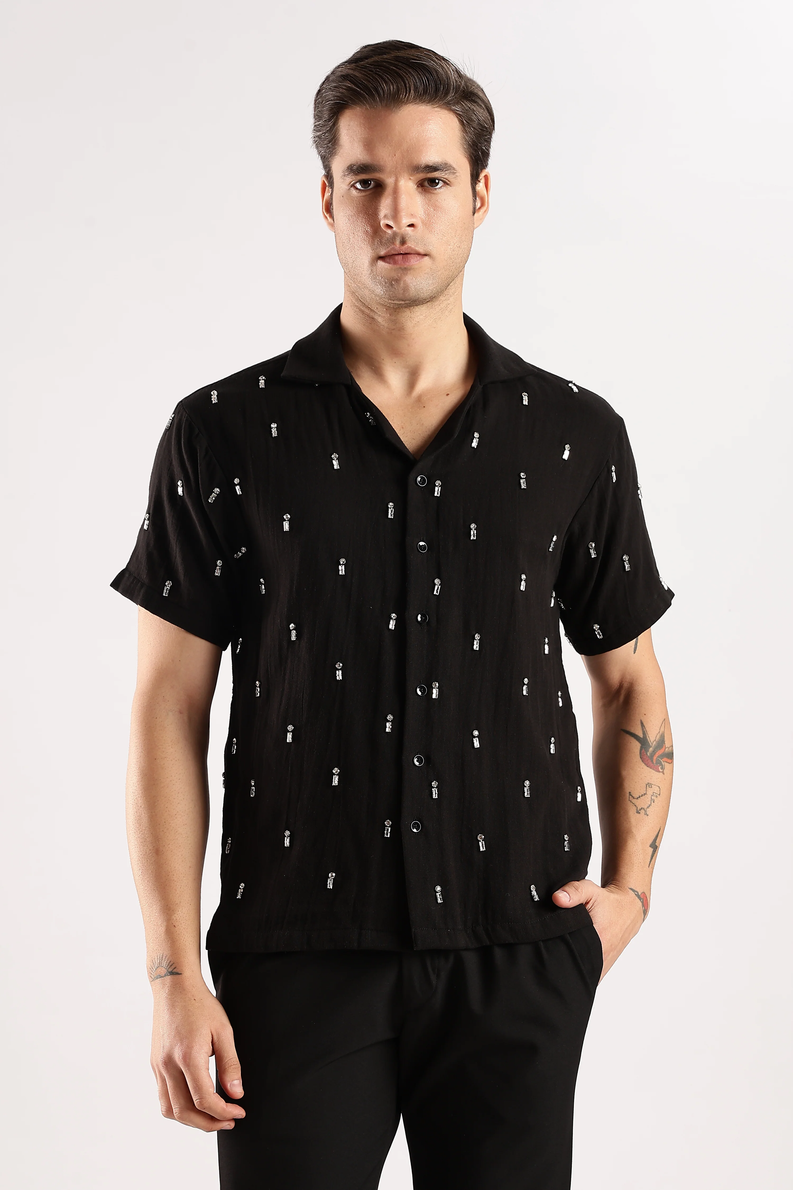 Men Midnight Amber Rhinestone Gauge Cotton Shirt - Image 11