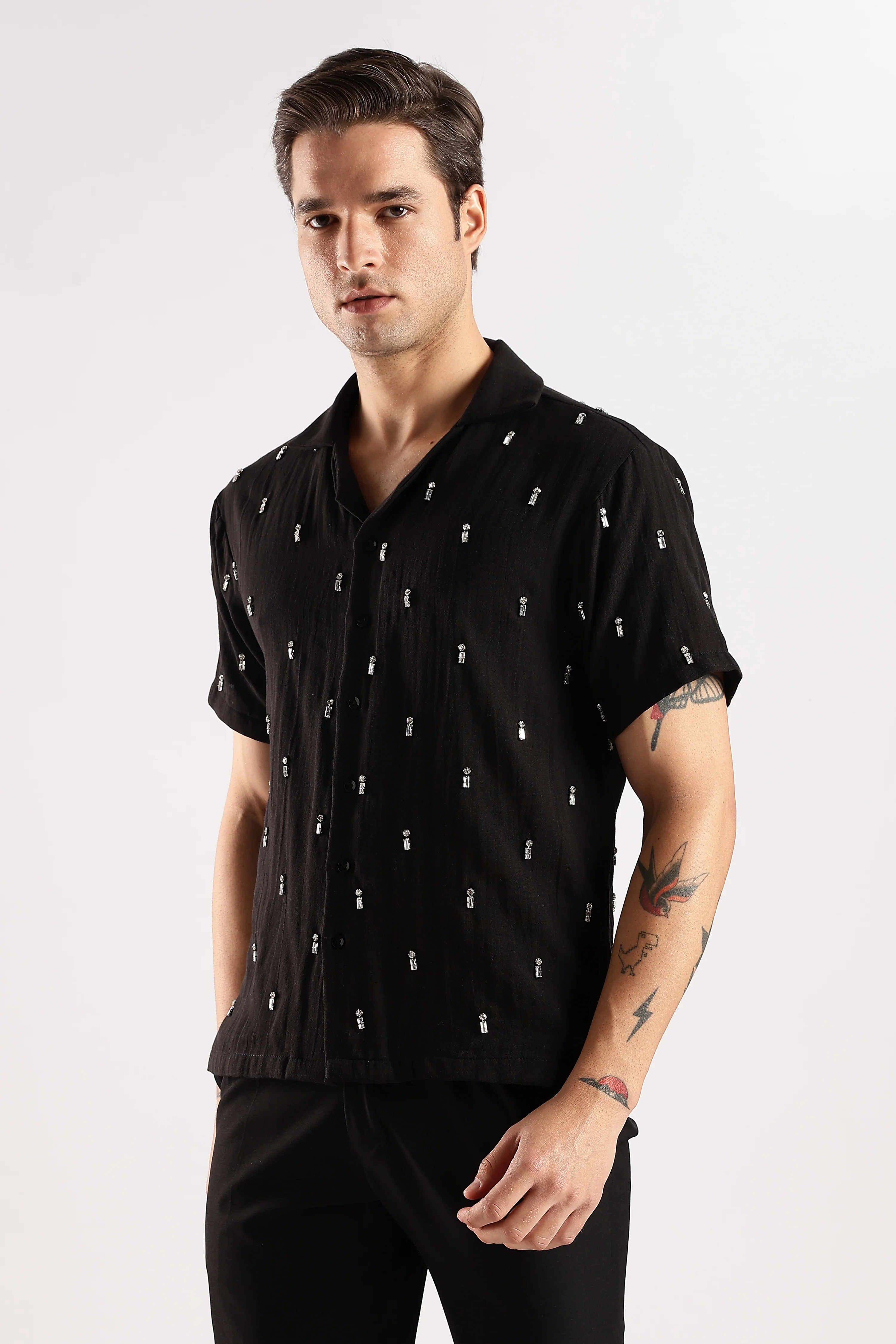 Men Midnight Amber Rhinestone Gauge Cotton Shirt - Image 12