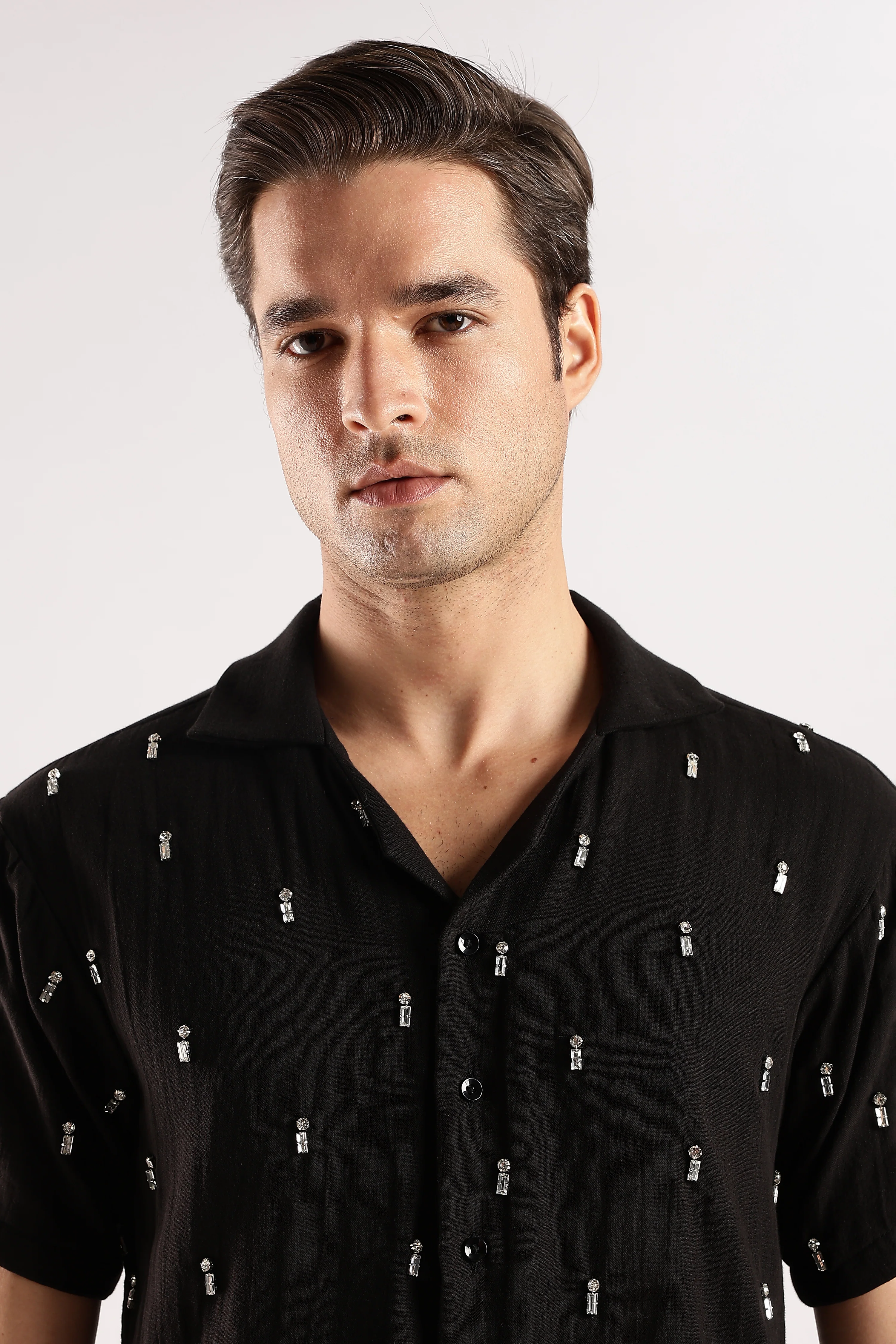 Men Midnight Amber Rhinestone Gauge Cotton Shirt - Image 14