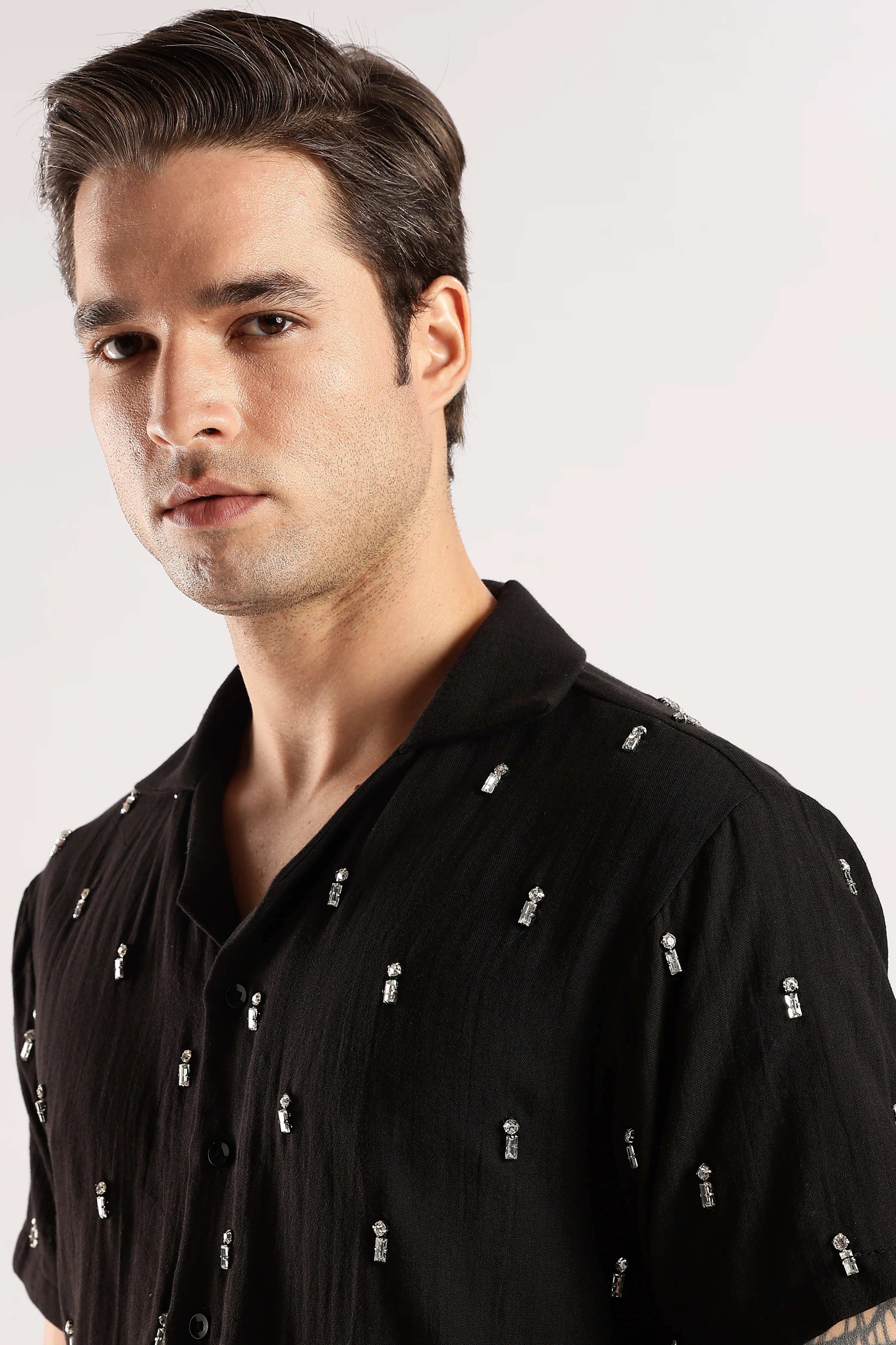 Men Midnight Amber Rhinestone Gauge Cotton Shirt - Image 15